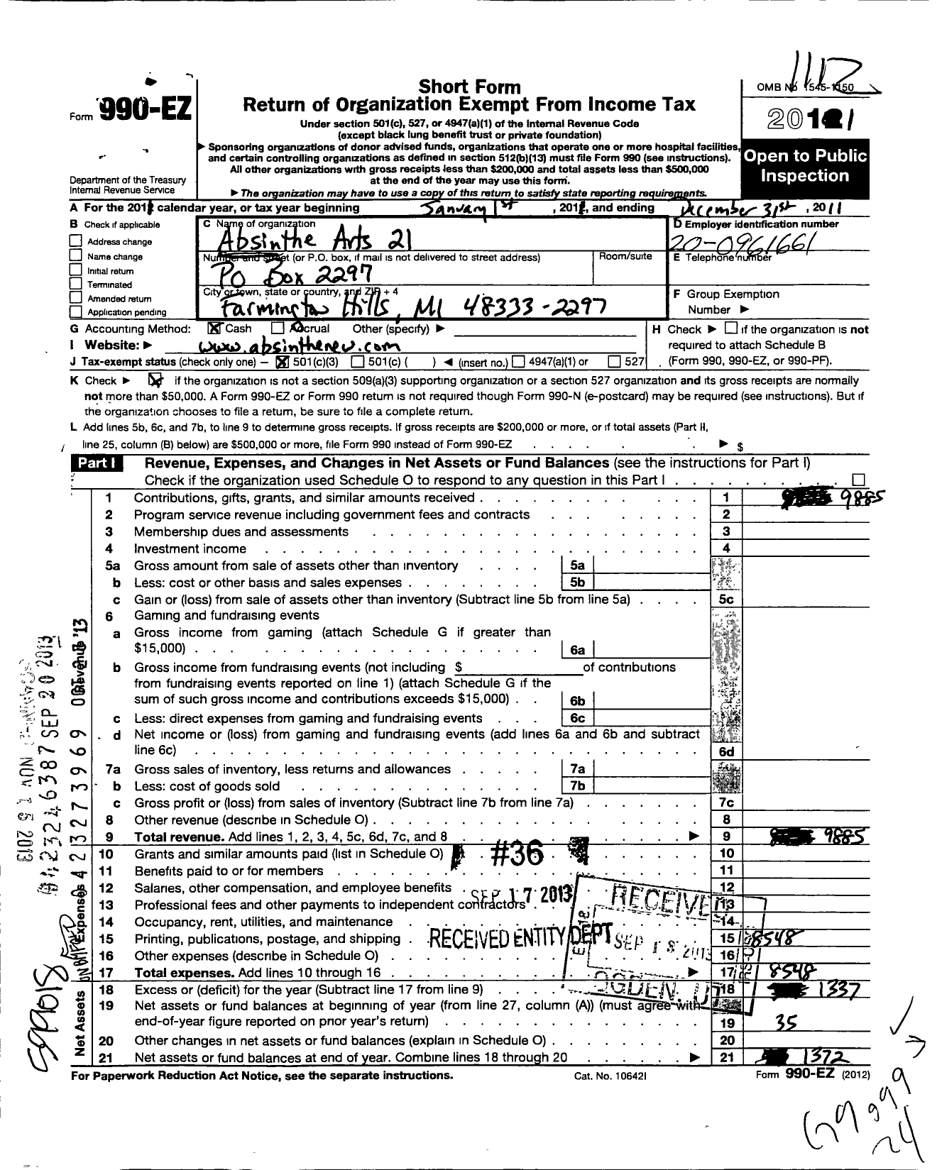 Image of first page of 2011 Form 990EZ for Kickstart Farmington