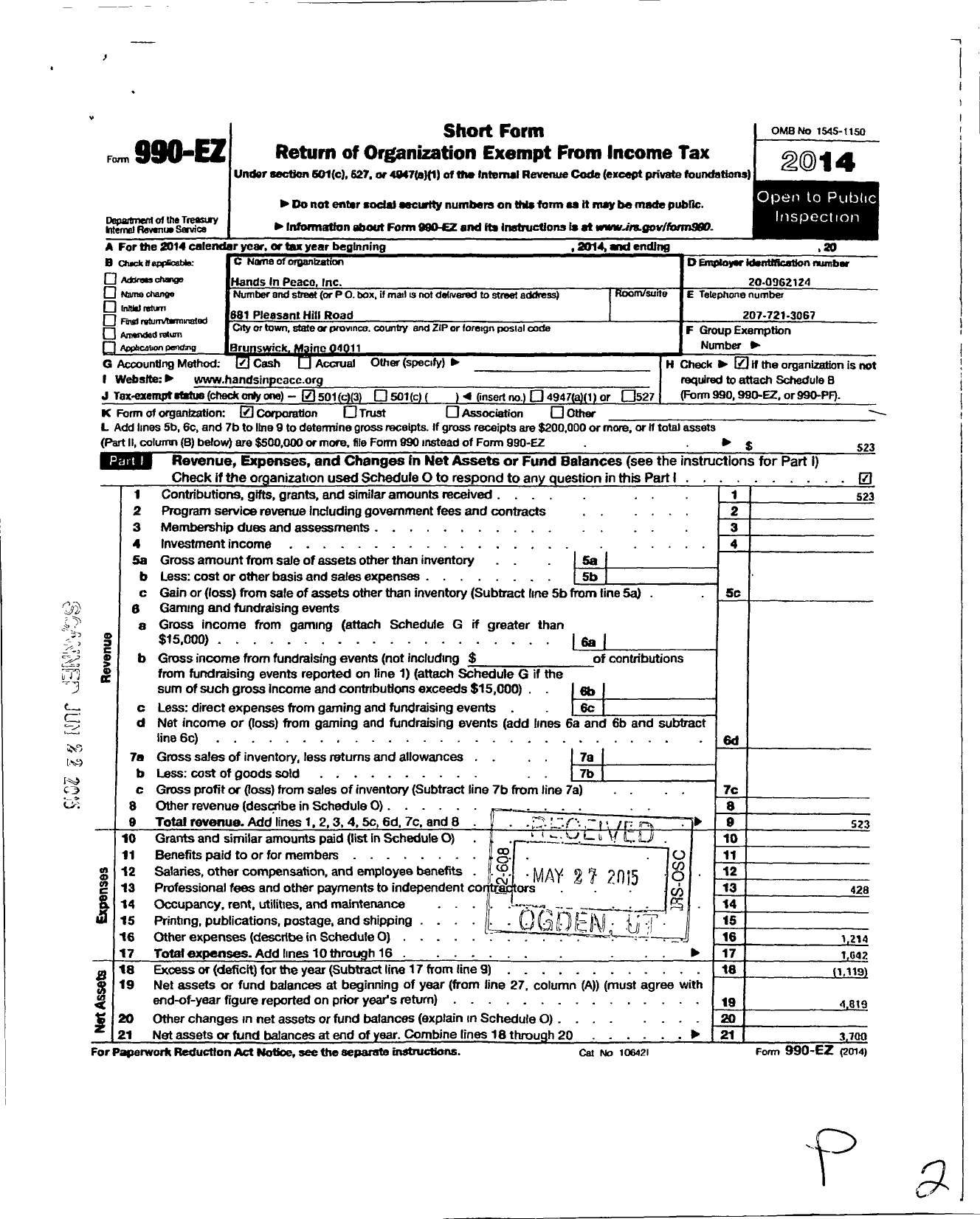 Image of first page of 2014 Form 990EZ for Hands in Peace