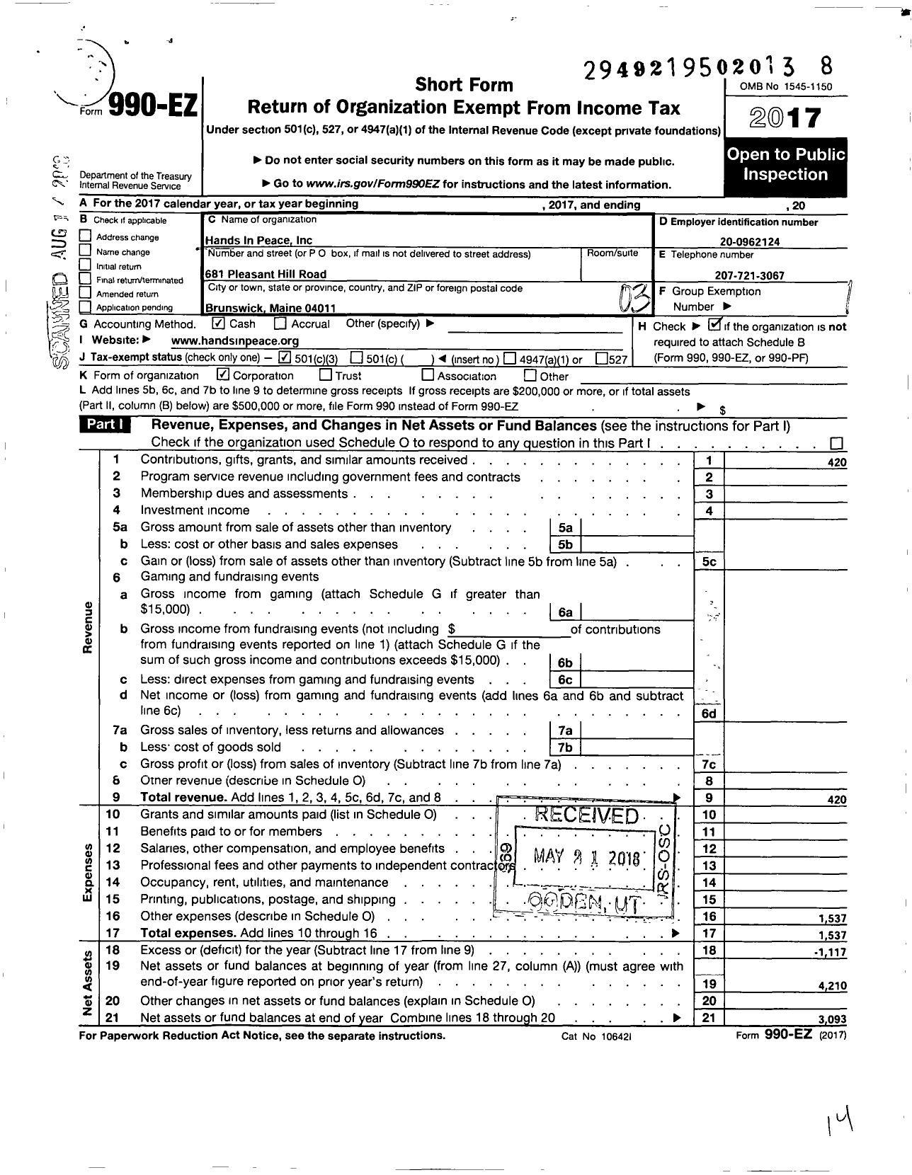 Image of first page of 2017 Form 990EZ for Hands in Peace