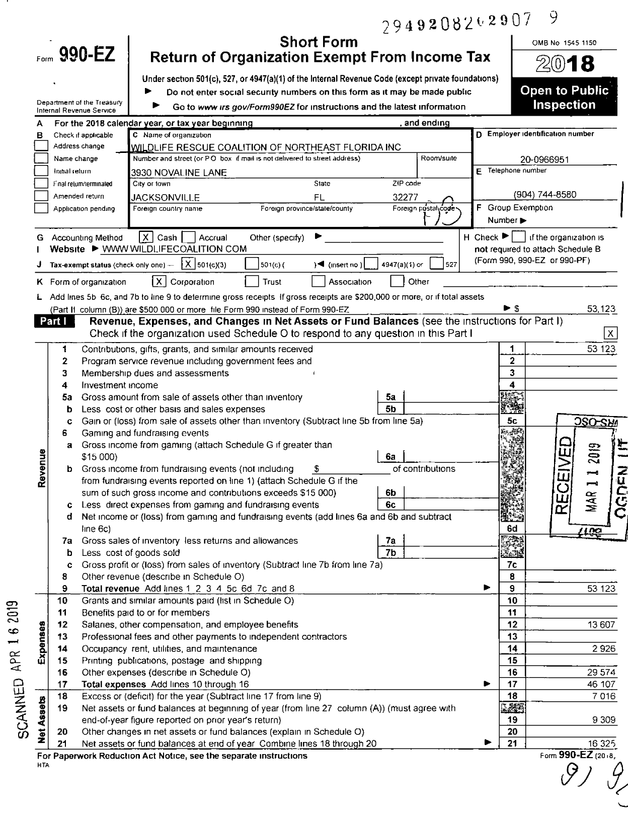 Image of first page of 2018 Form 990EZ for Wildlife Rescue Coalition of NorthEast Florida