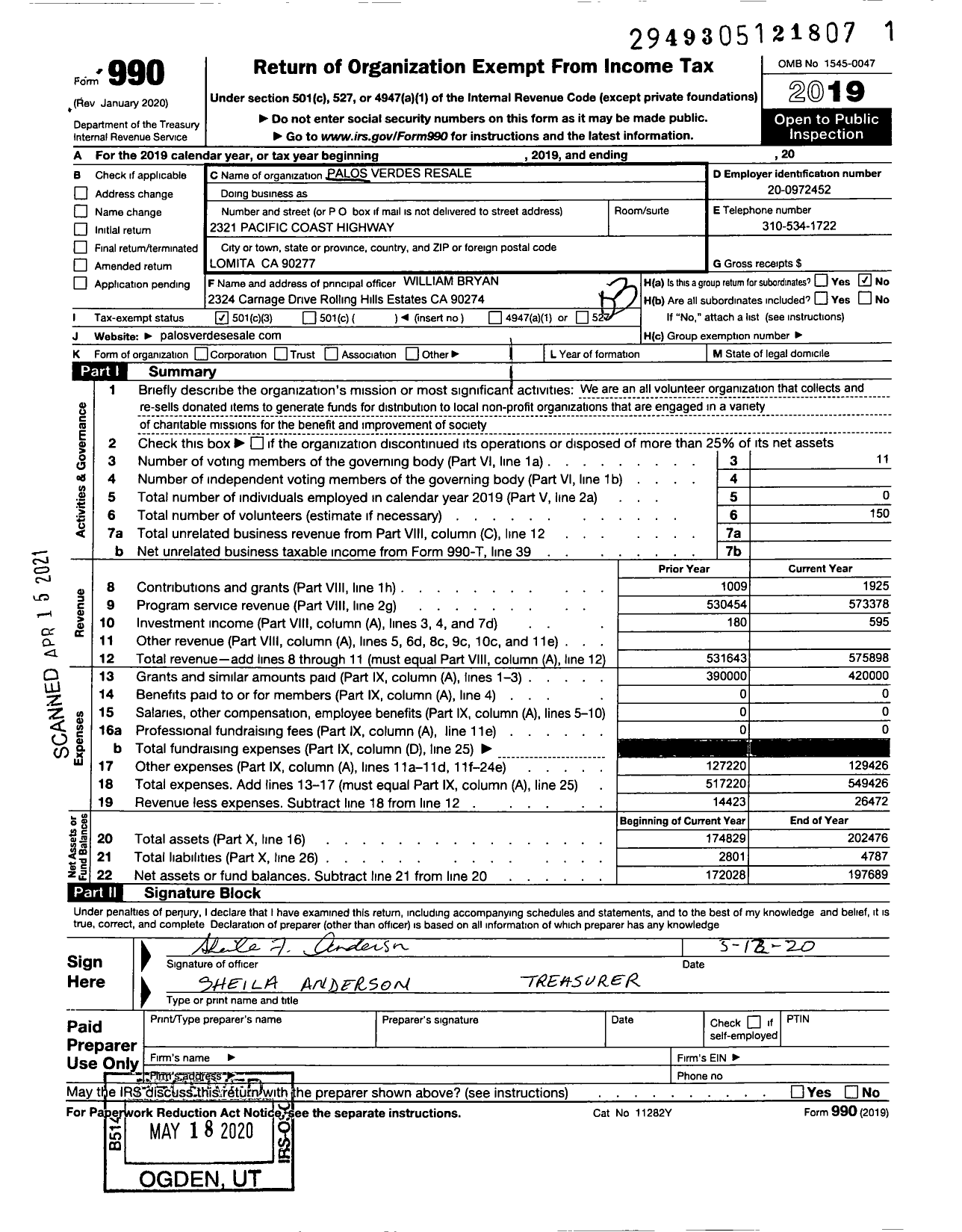 Image of first page of 2019 Form 990 for Palos Verdes Resale