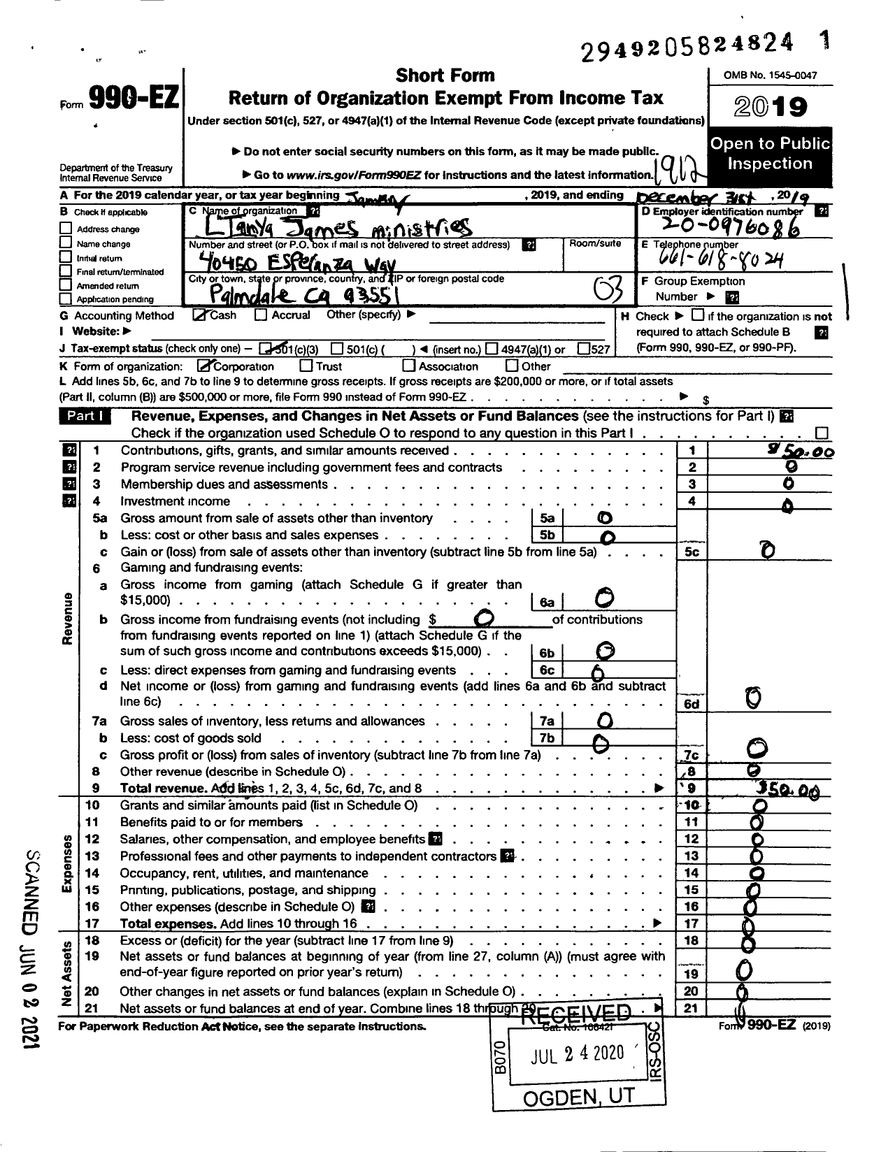 Image of first page of 2019 Form 990EZ for Ltanya Tanya James Ministries