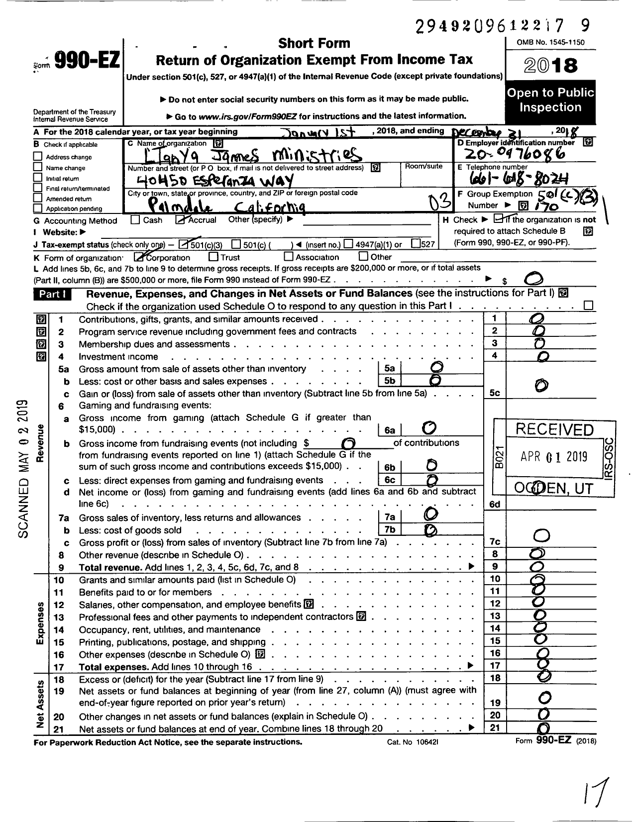 Image of first page of 2018 Form 990EZ for Ltanya Tanya James Ministries