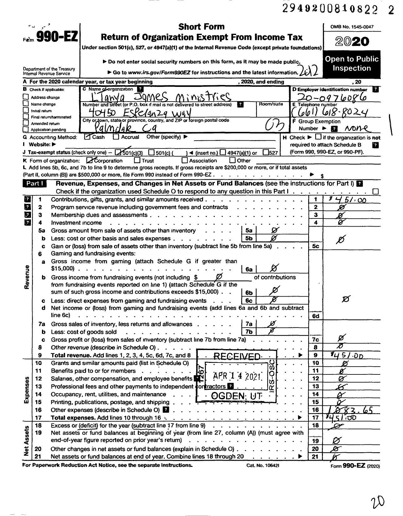 Image of first page of 2020 Form 990EZ for Ltanya Tanya James Ministries