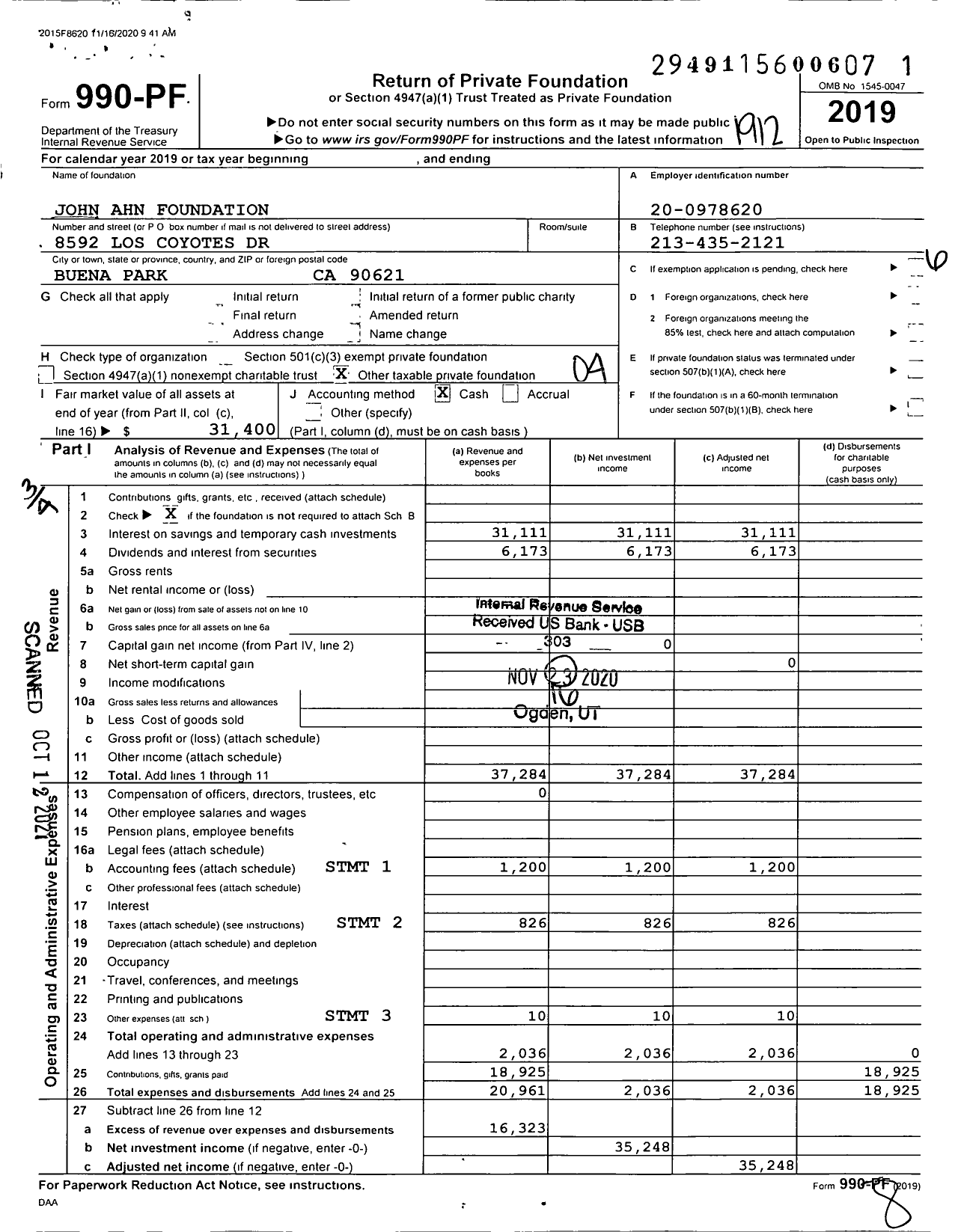 Image of first page of 2019 Form 990PF for John Ahn Foundation