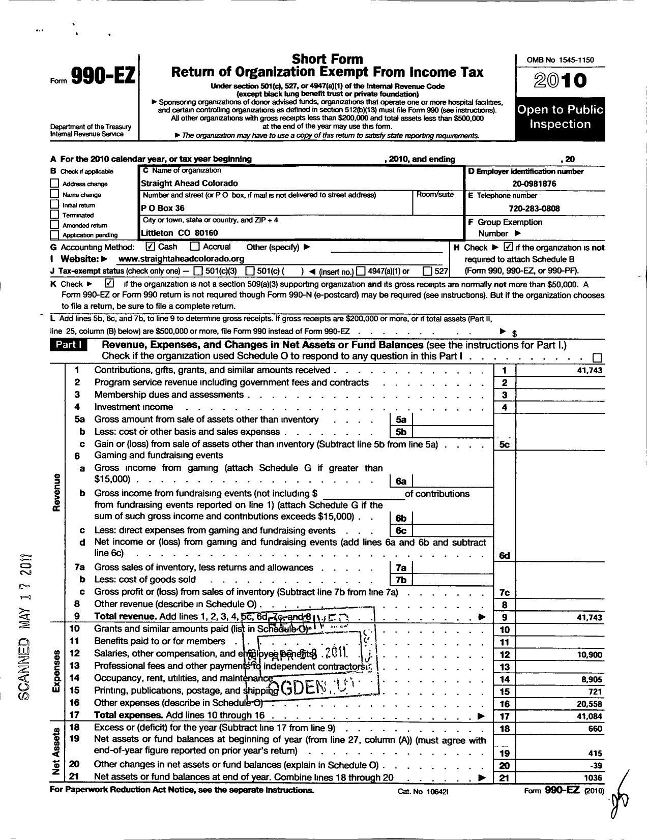 Image of first page of 2010 Form 990EO for Straight Ahead - Colorado