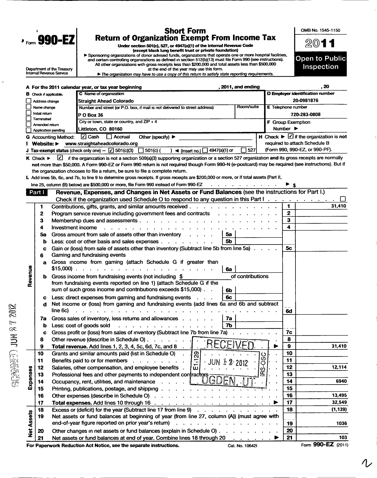 Image of first page of 2011 Form 990EZ for Straight Ahead - Colorado