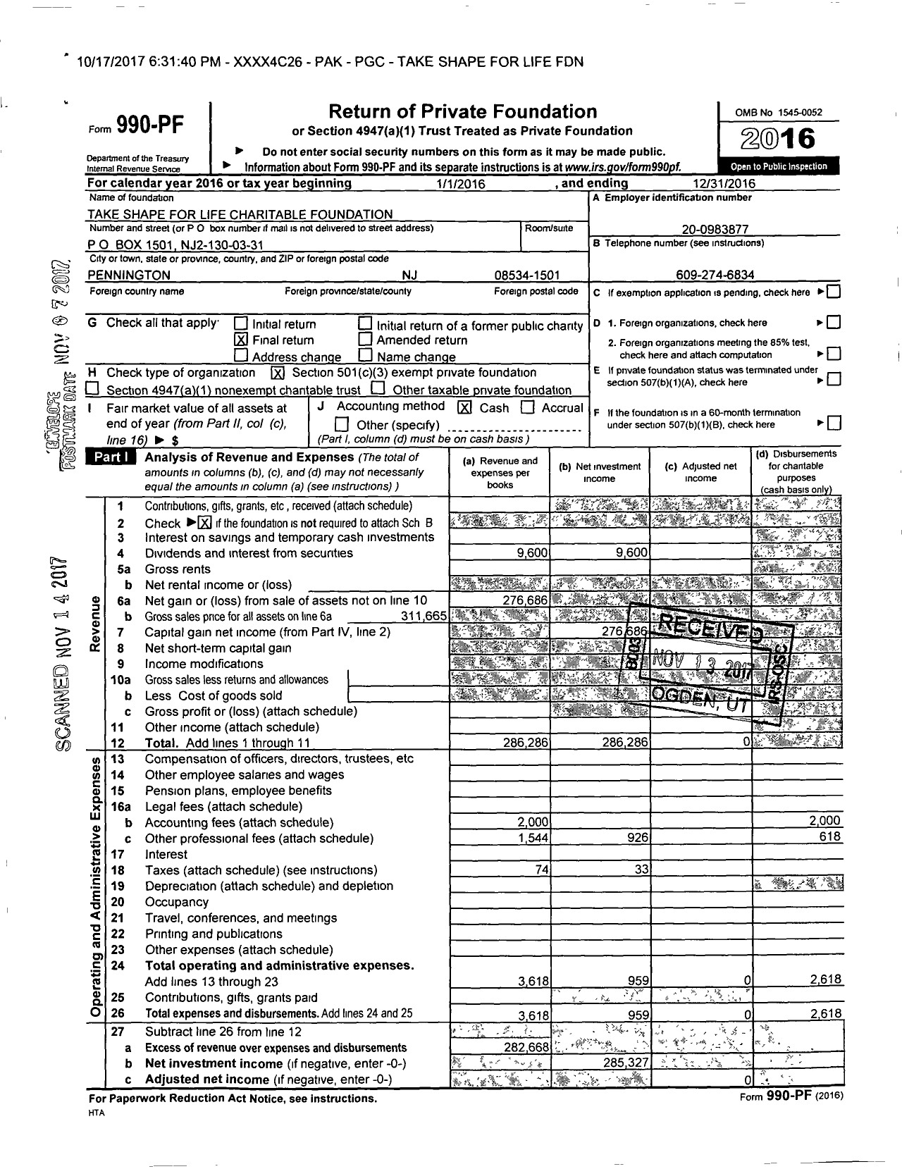 Image of first page of 2016 Form 990PF for Take Shape for Life Charitable Foundation