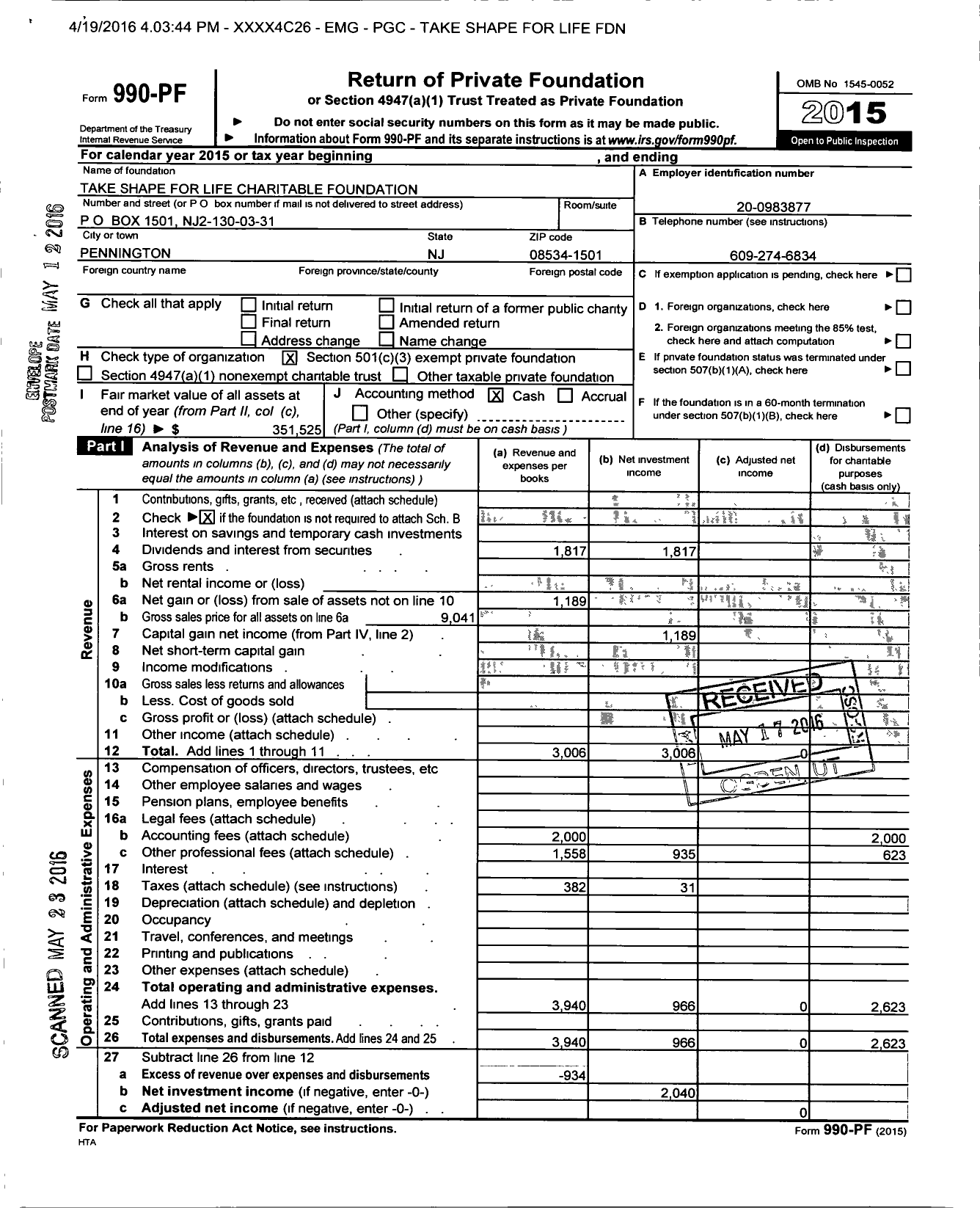 Image of first page of 2015 Form 990PF for Take Shape for Life Charitable Foundation