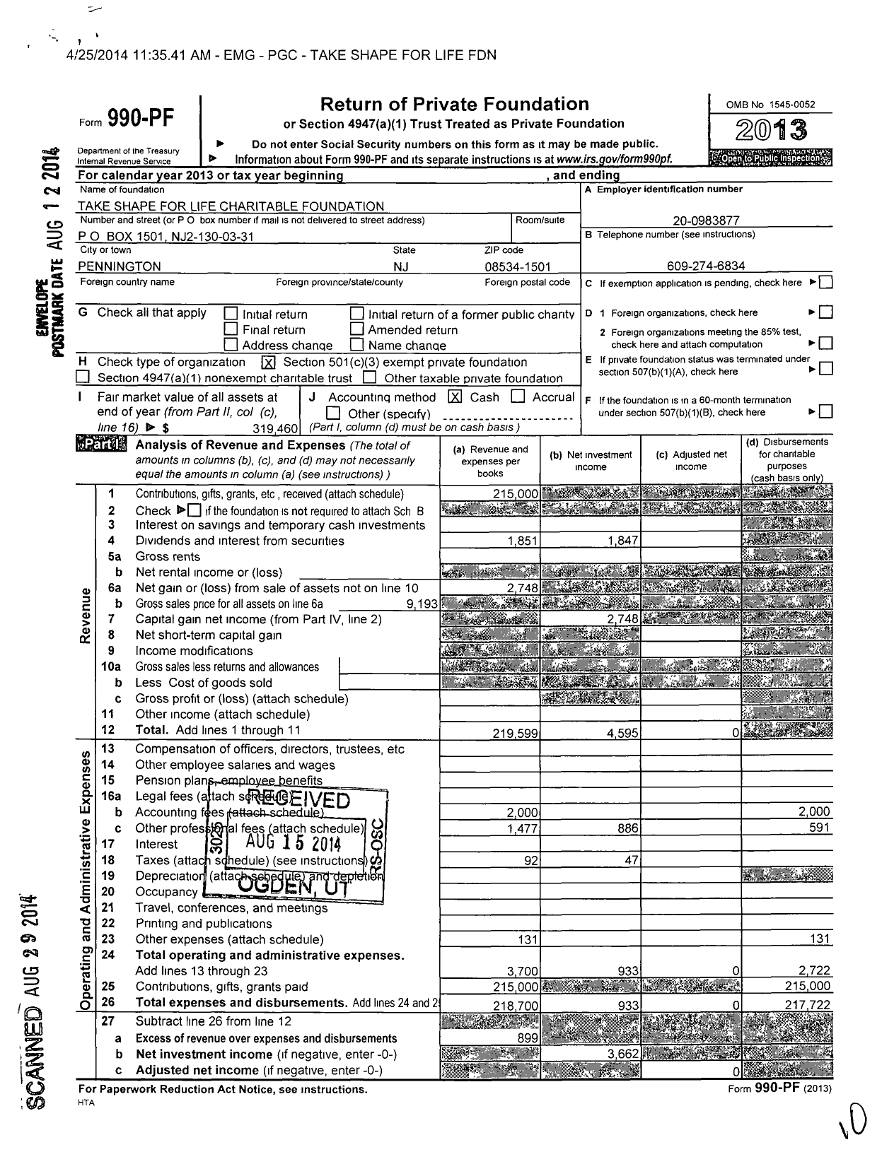Image of first page of 2013 Form 990PF for Take Shape for Life Charitable Foundation