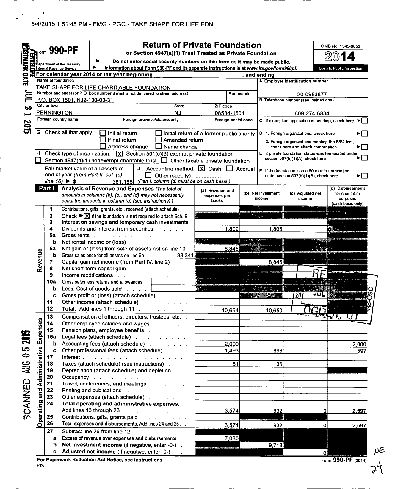 Image of first page of 2014 Form 990PF for Take Shape for Life Charitable Foundation