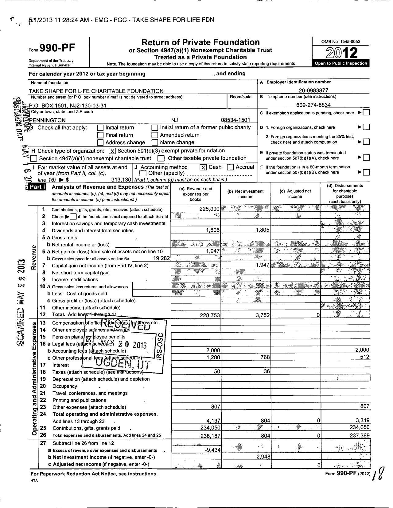 Image of first page of 2012 Form 990PF for Take Shape for Life Charitable Foundation