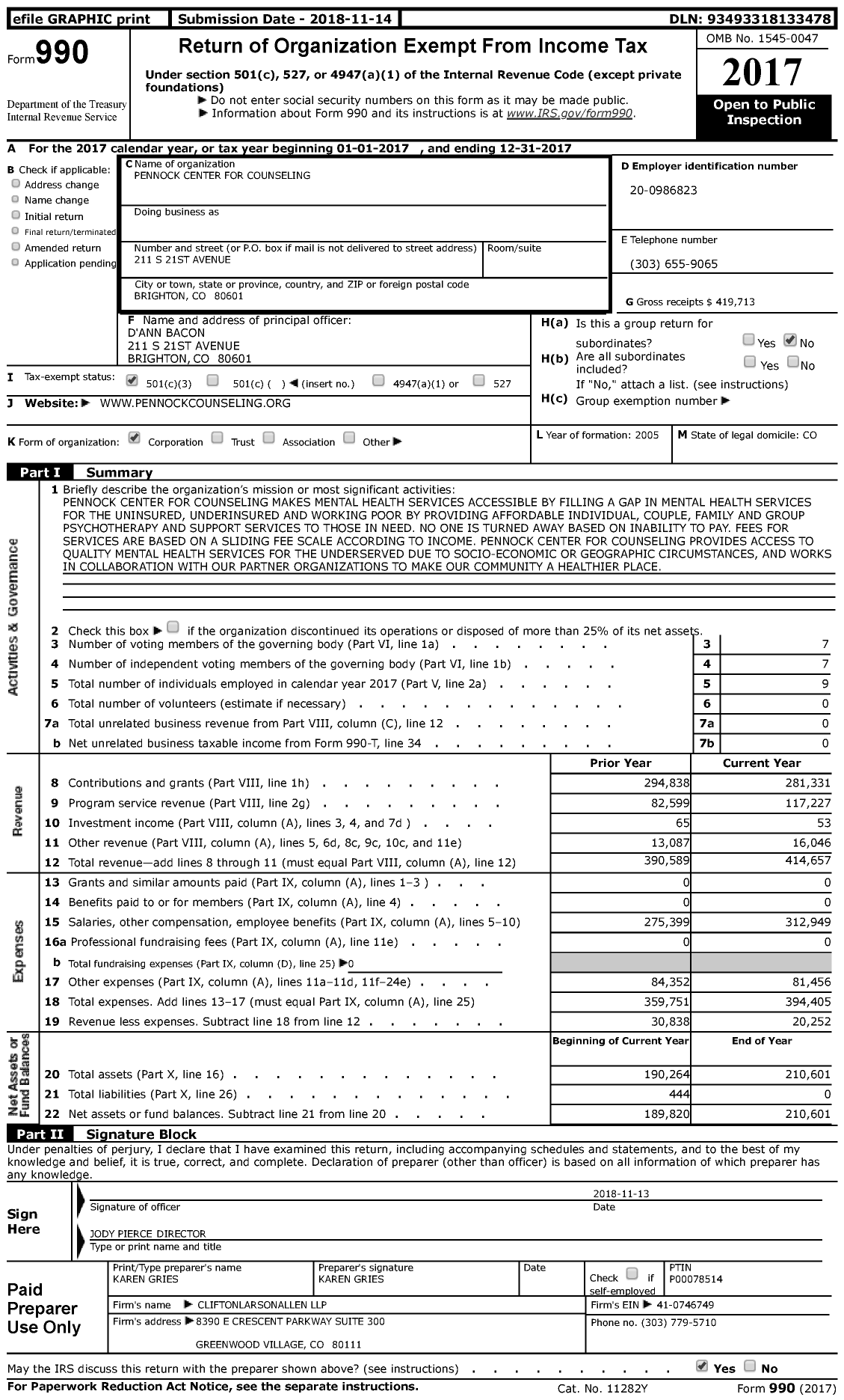 Image of first page of 2017 Form 990 for Pennock Center for Counseling