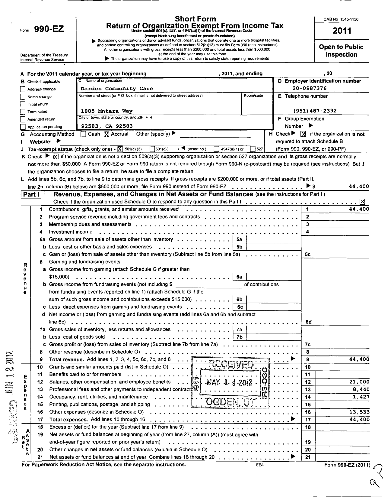 Image of first page of 2011 Form 990EZ for Darden Community Care