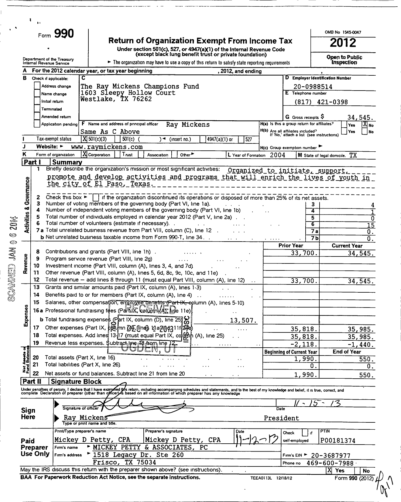 Image of first page of 2012 Form 990 for The Ray Mickens Champions Fund