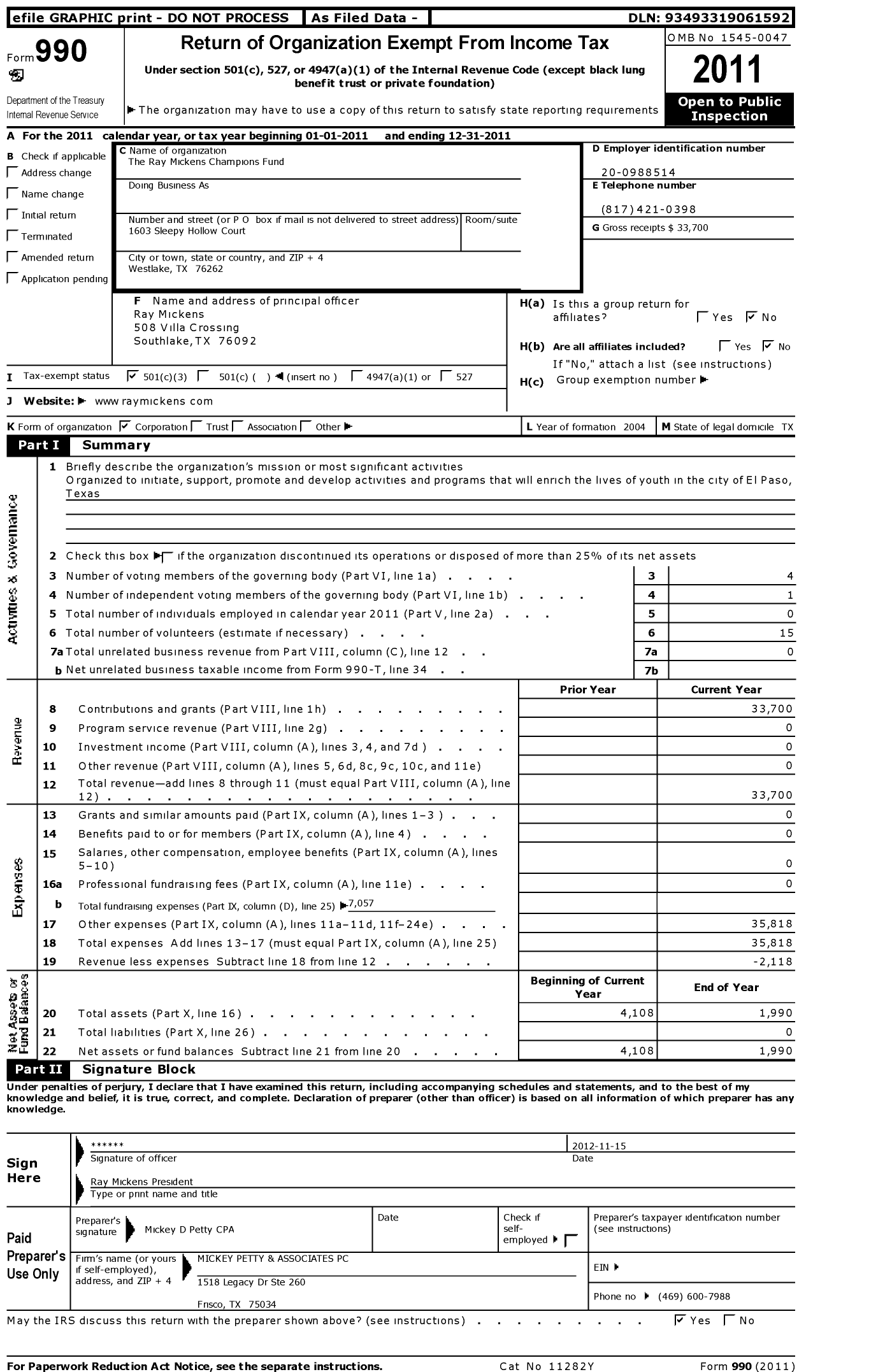 Image of first page of 2011 Form 990 for The Ray Mickens Champions Fund