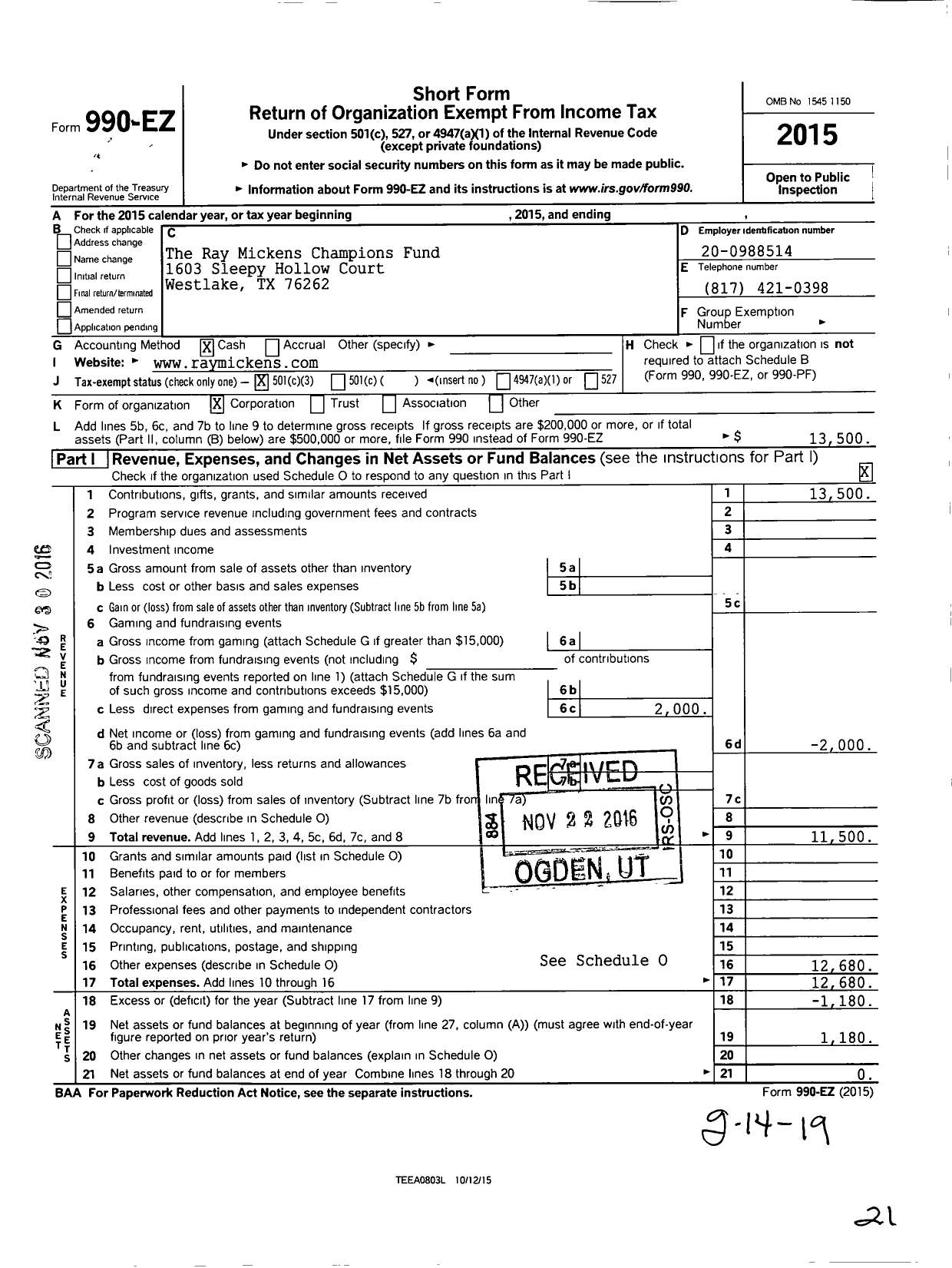 Image of first page of 2015 Form 990EZ for The Ray Mickens Champions Fund