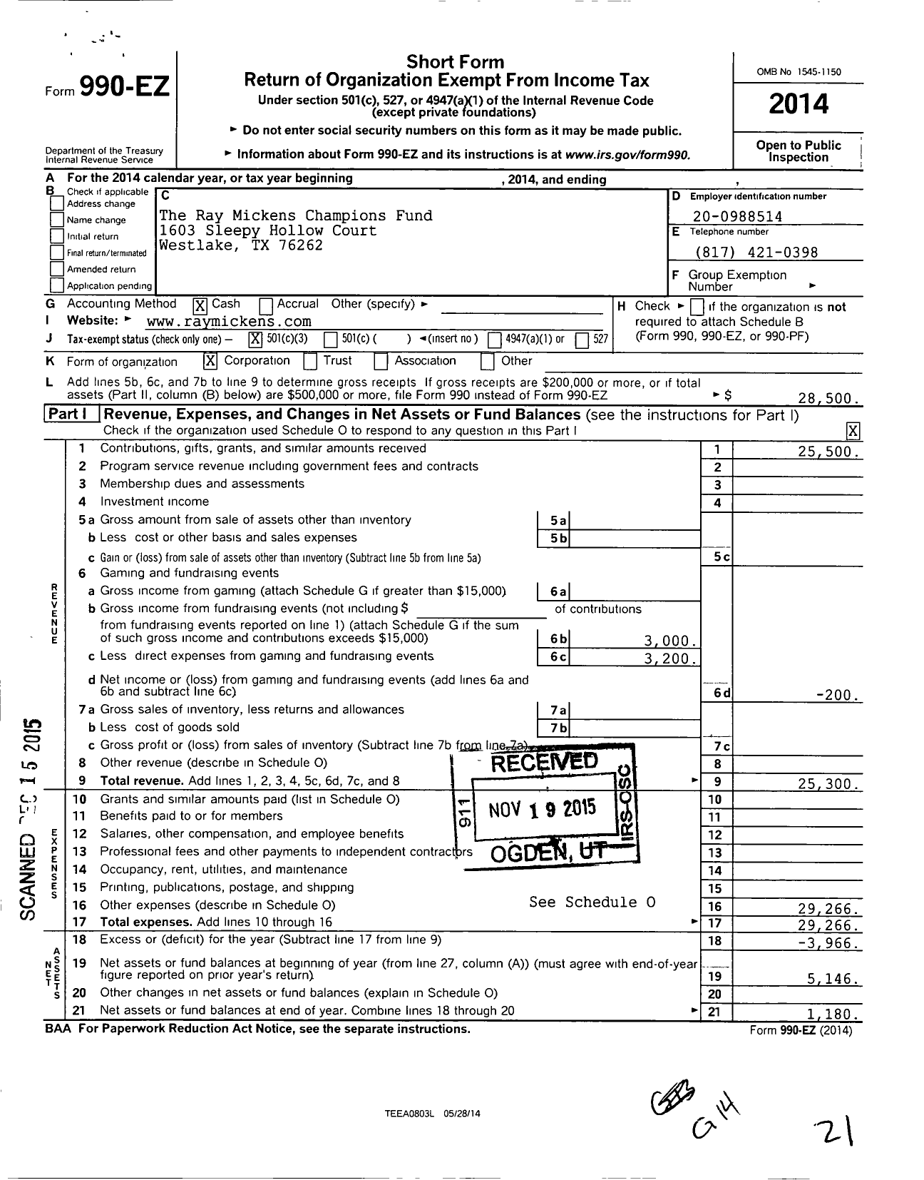 Image of first page of 2014 Form 990EZ for The Ray Mickens Champions Fund