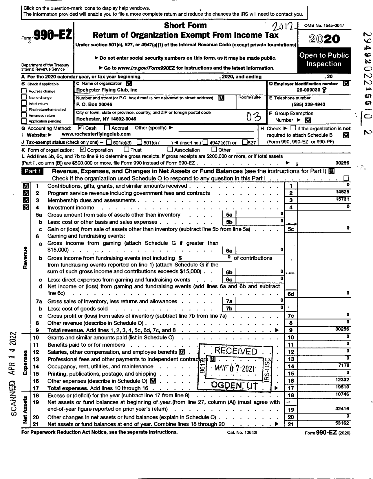 Image of first page of 2020 Form 990EZ for Rochester Flying Club