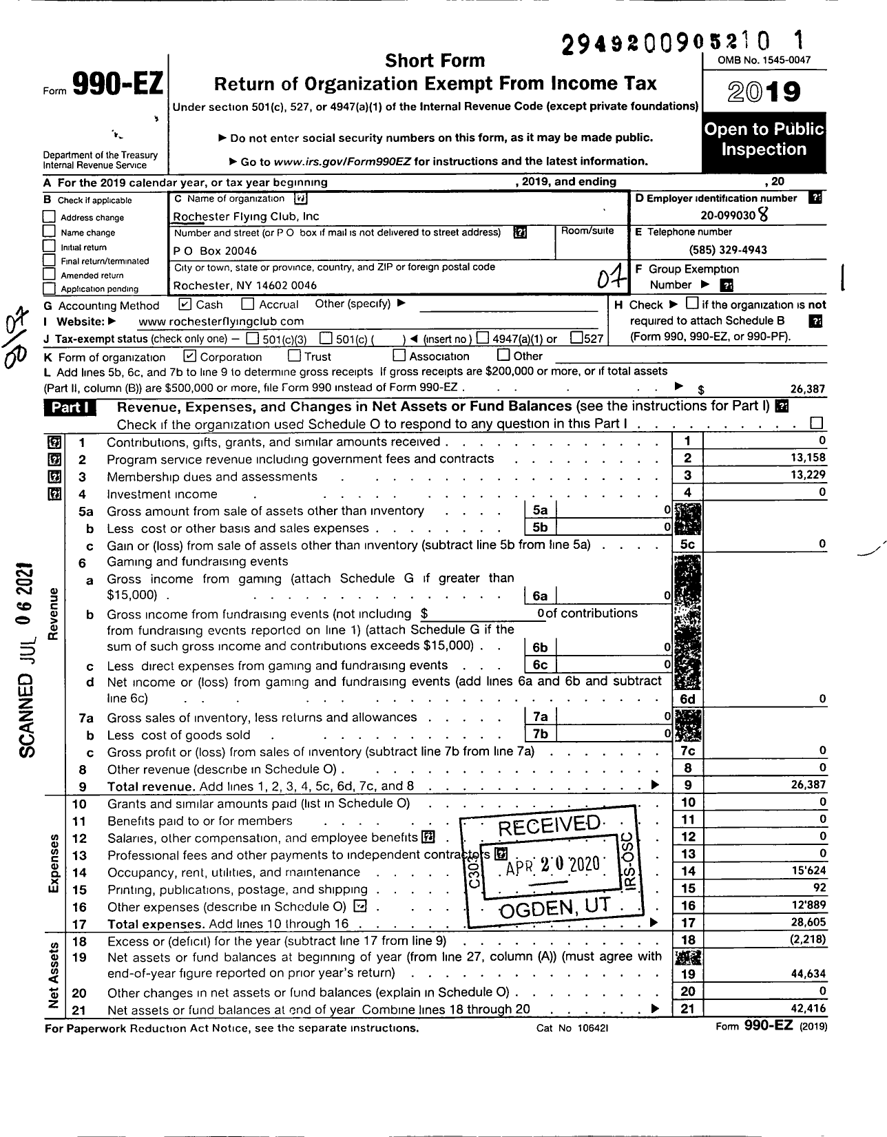 Image of first page of 2019 Form 990EO for Rochester Flying Club