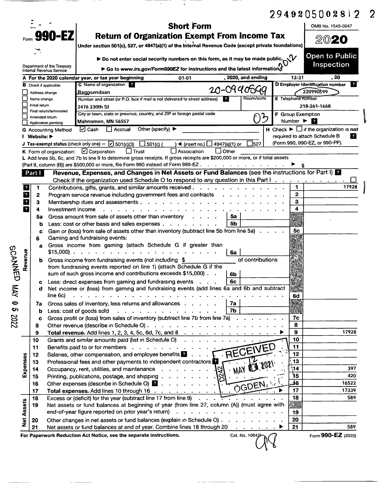 Image of first page of 2020 Form 990EZ for Bagosendaan