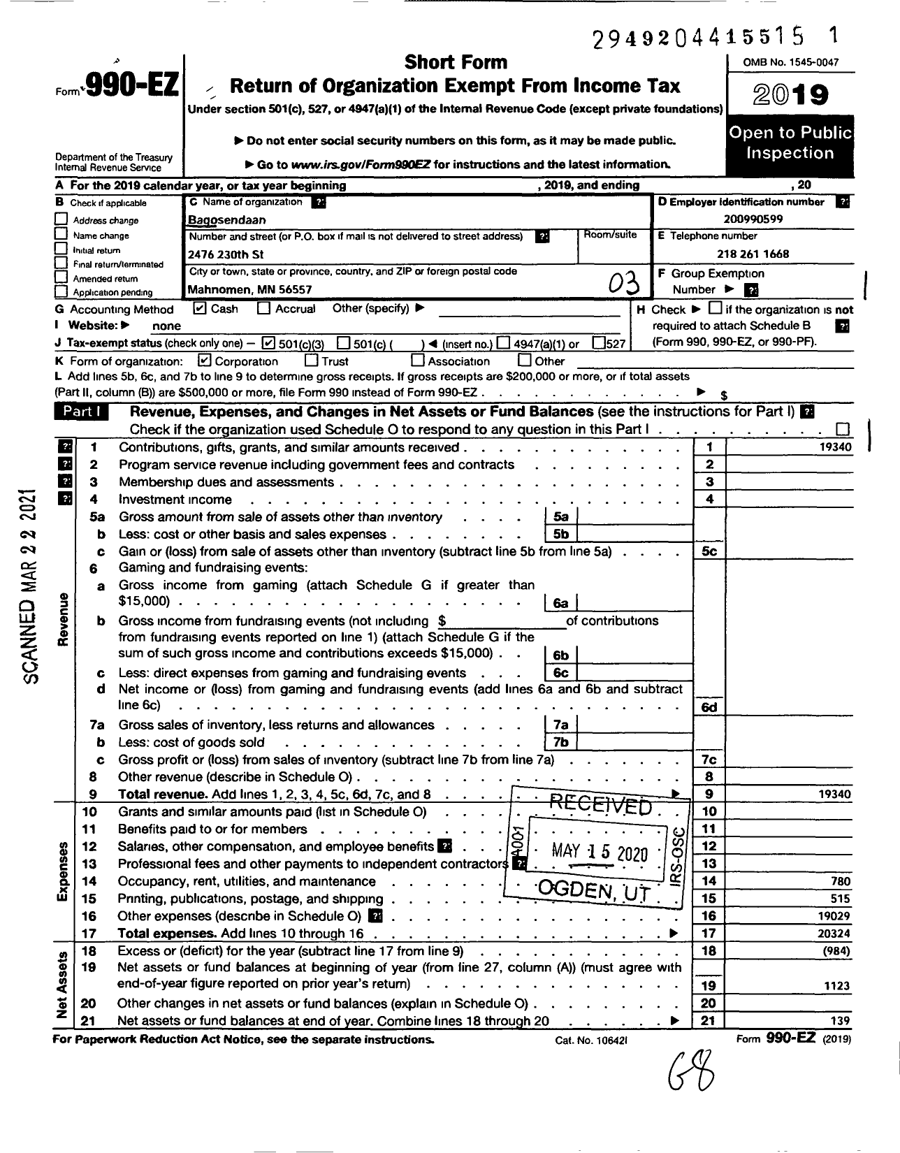 Image of first page of 2019 Form 990EZ for Bagosendaan