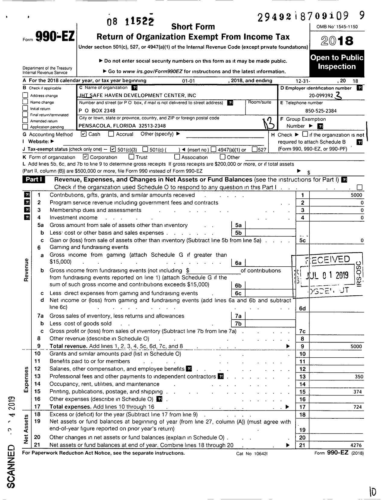 Image of first page of 2018 Form 990EZ for JHT Safe Haven Development Center