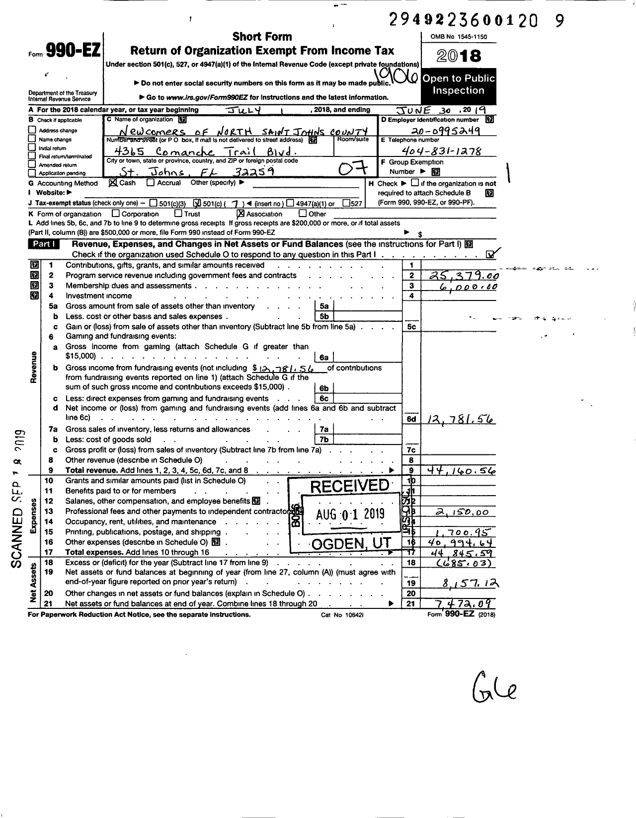 Image of first page of 2018 Form 990EO for Newcomers of North Saint Johns County