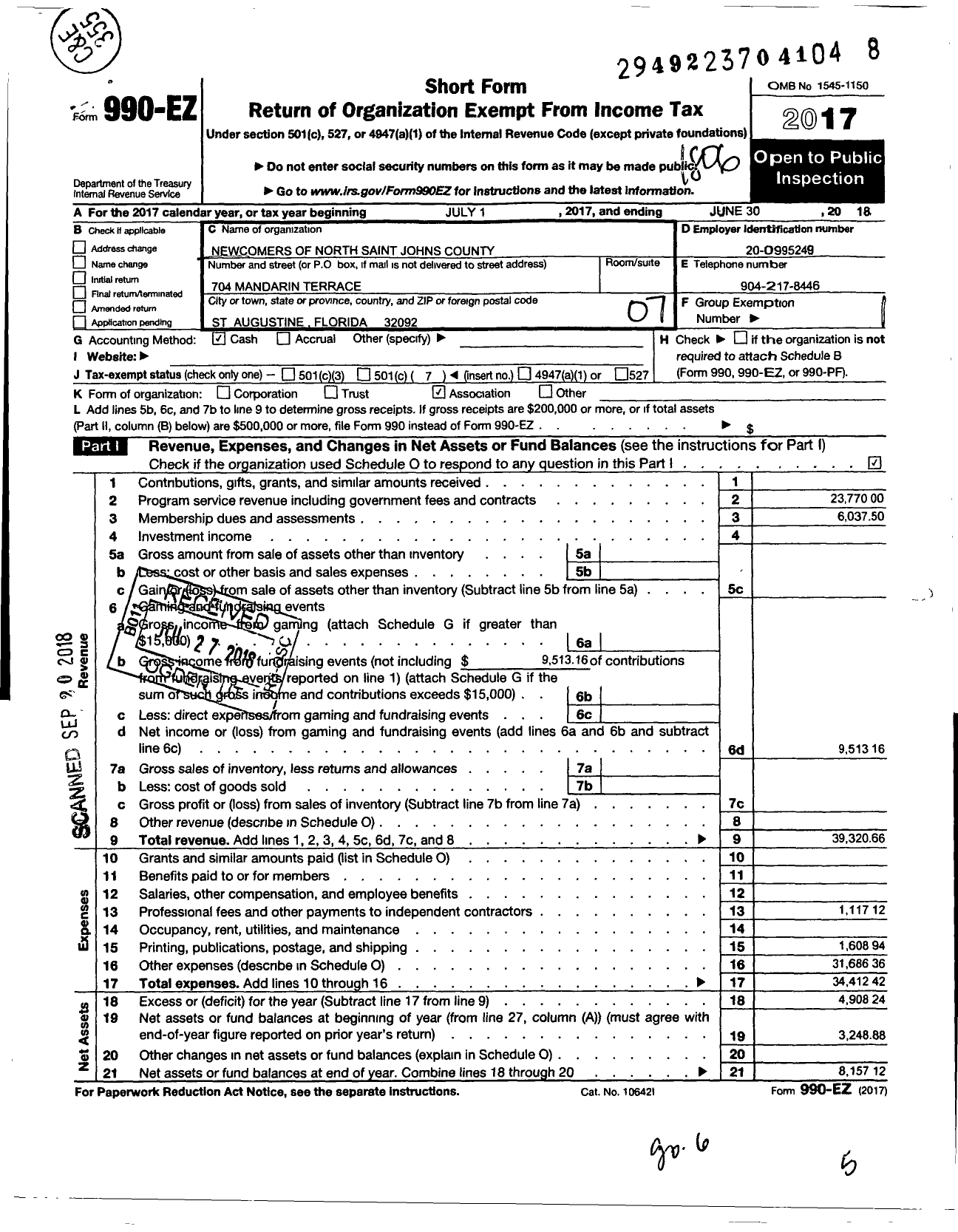 Image of first page of 2017 Form 990EO for Newcomers of North Saint Johns County