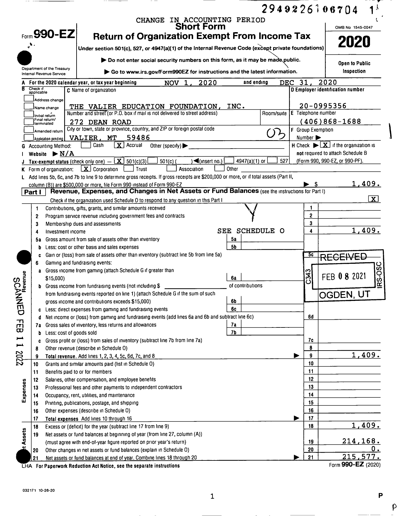 Image of first page of 2020 Form 990EZ for Valier Education Foundation