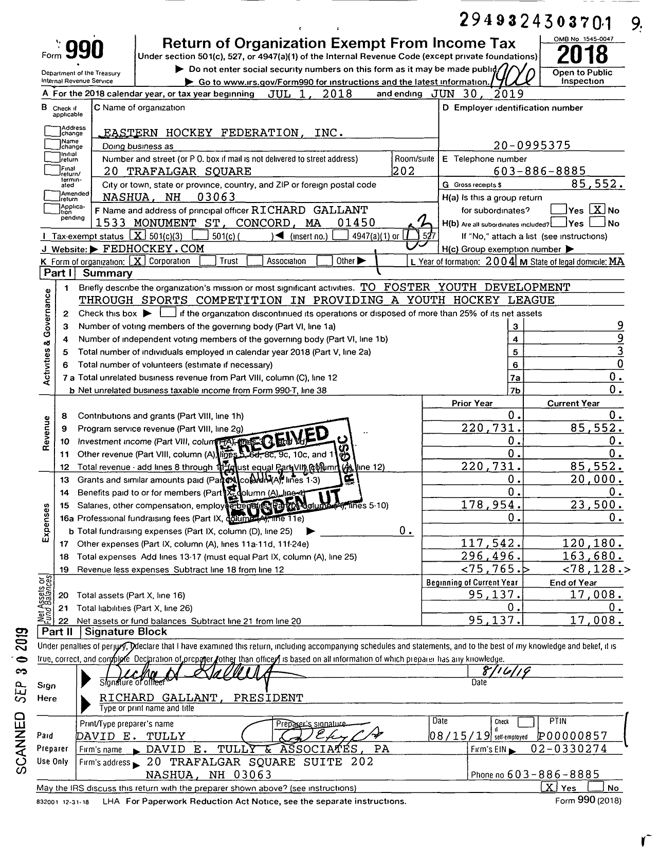 Image of first page of 2018 Form 990 for Eastern Hockey Federation