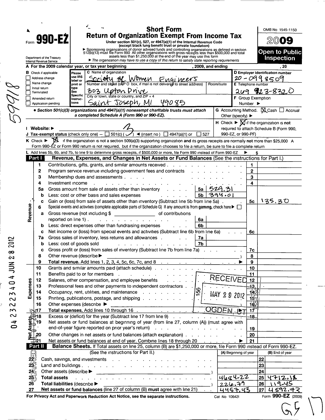 Image of first page of 2009 Form 990EZ for Society of Women Engineers / Southwest Michigan Section