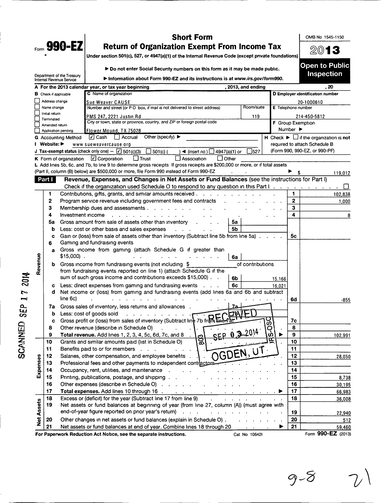 Image of first page of 2013 Form 990EZ for Sue Weaver CAUSE