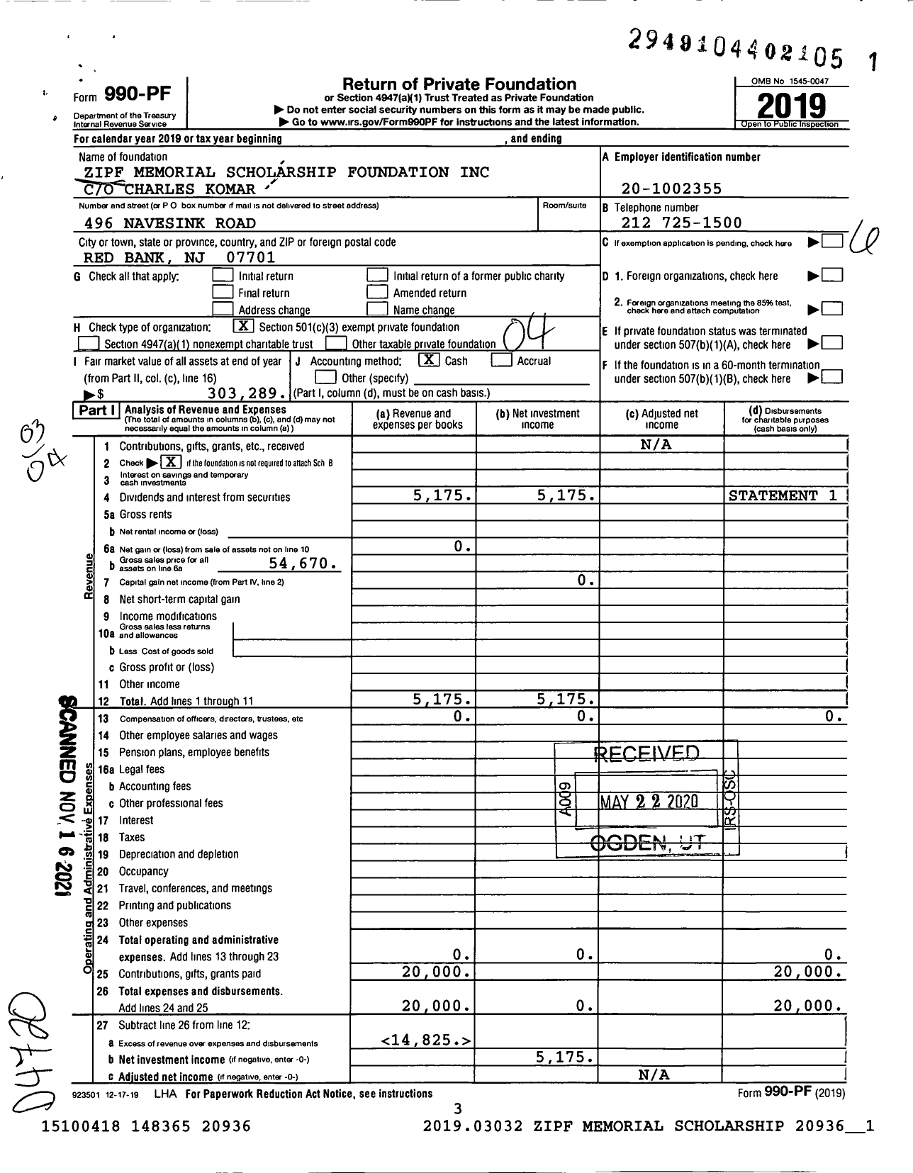 Image of first page of 2019 Form 990PF for Zipf Memorial Scholarship Foundation