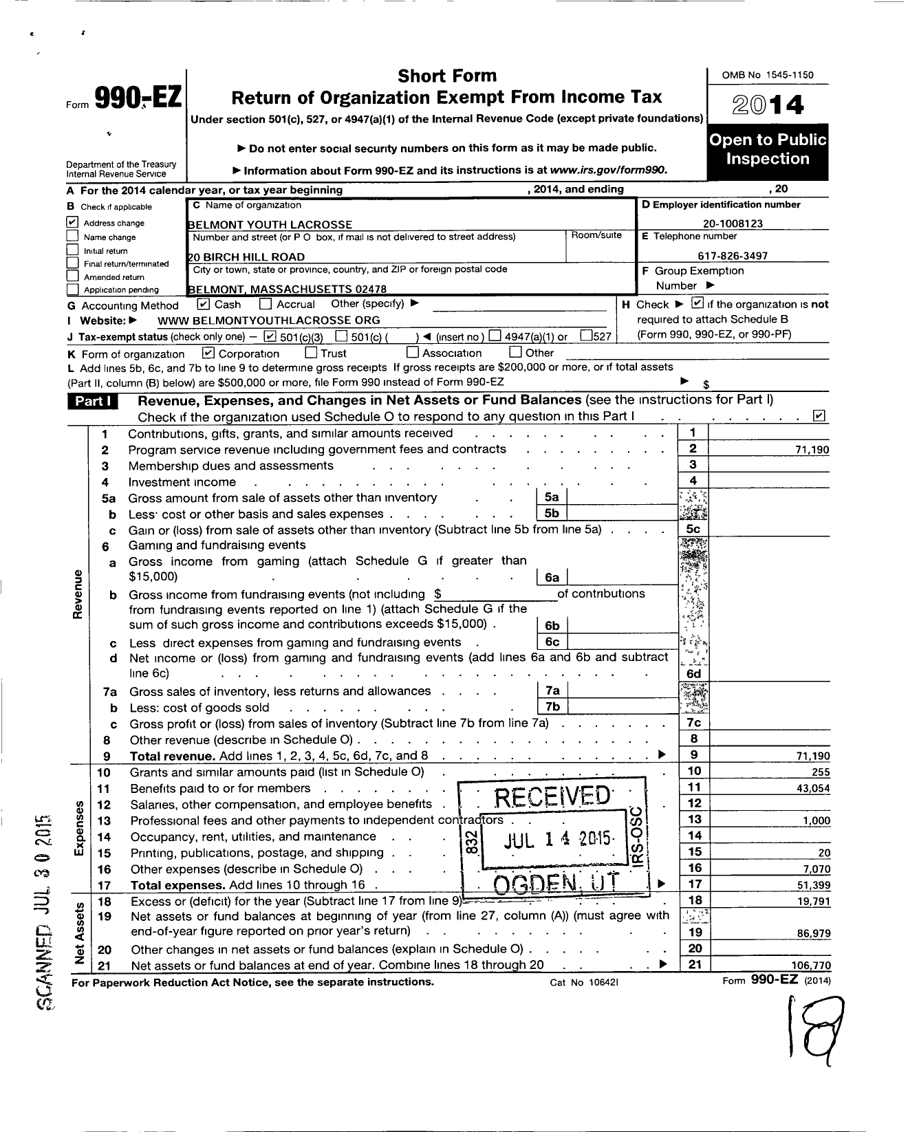 Image of first page of 2014 Form 990EZ for Belmont Youth Lacrosse