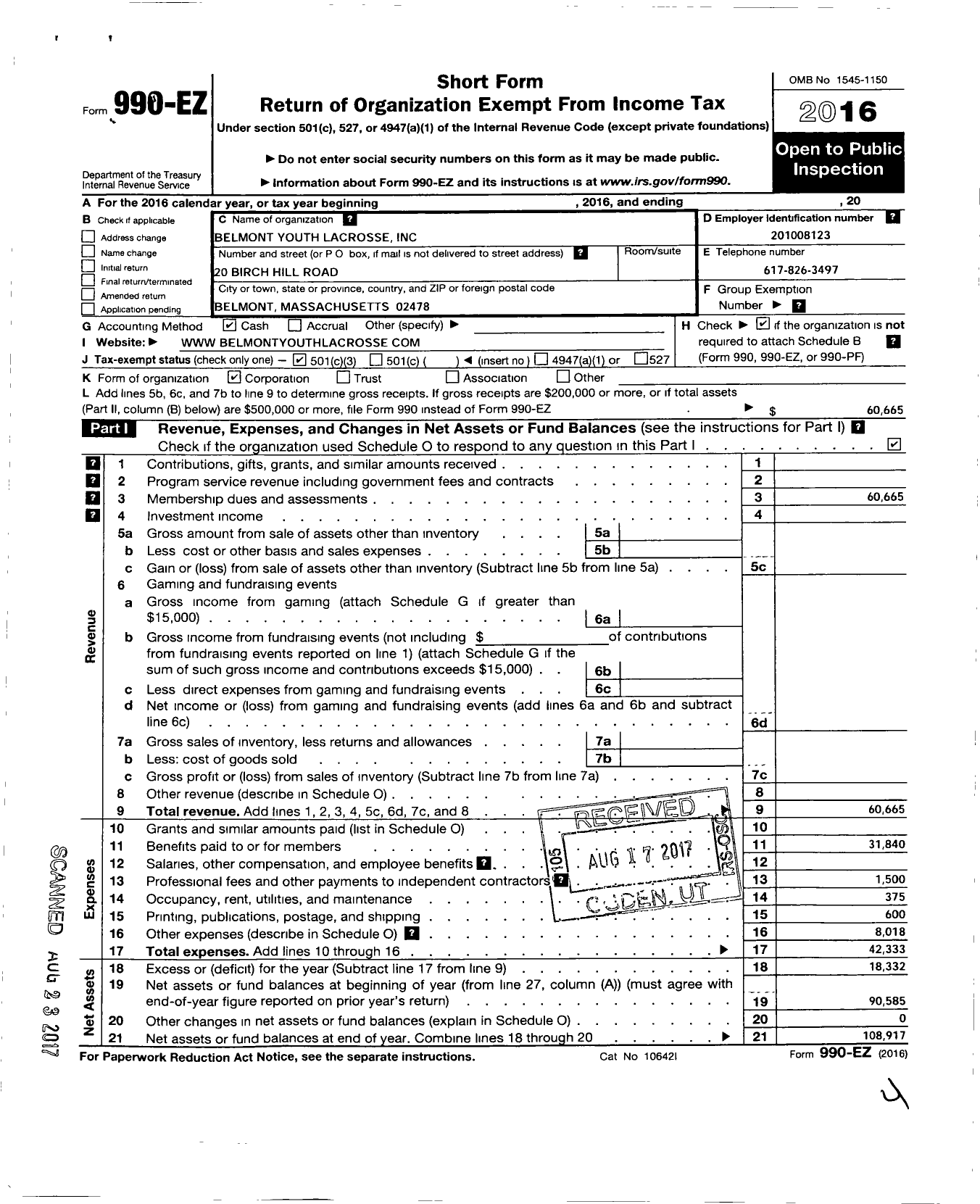 Image of first page of 2016 Form 990EZ for Belmont Youth Lacrosse