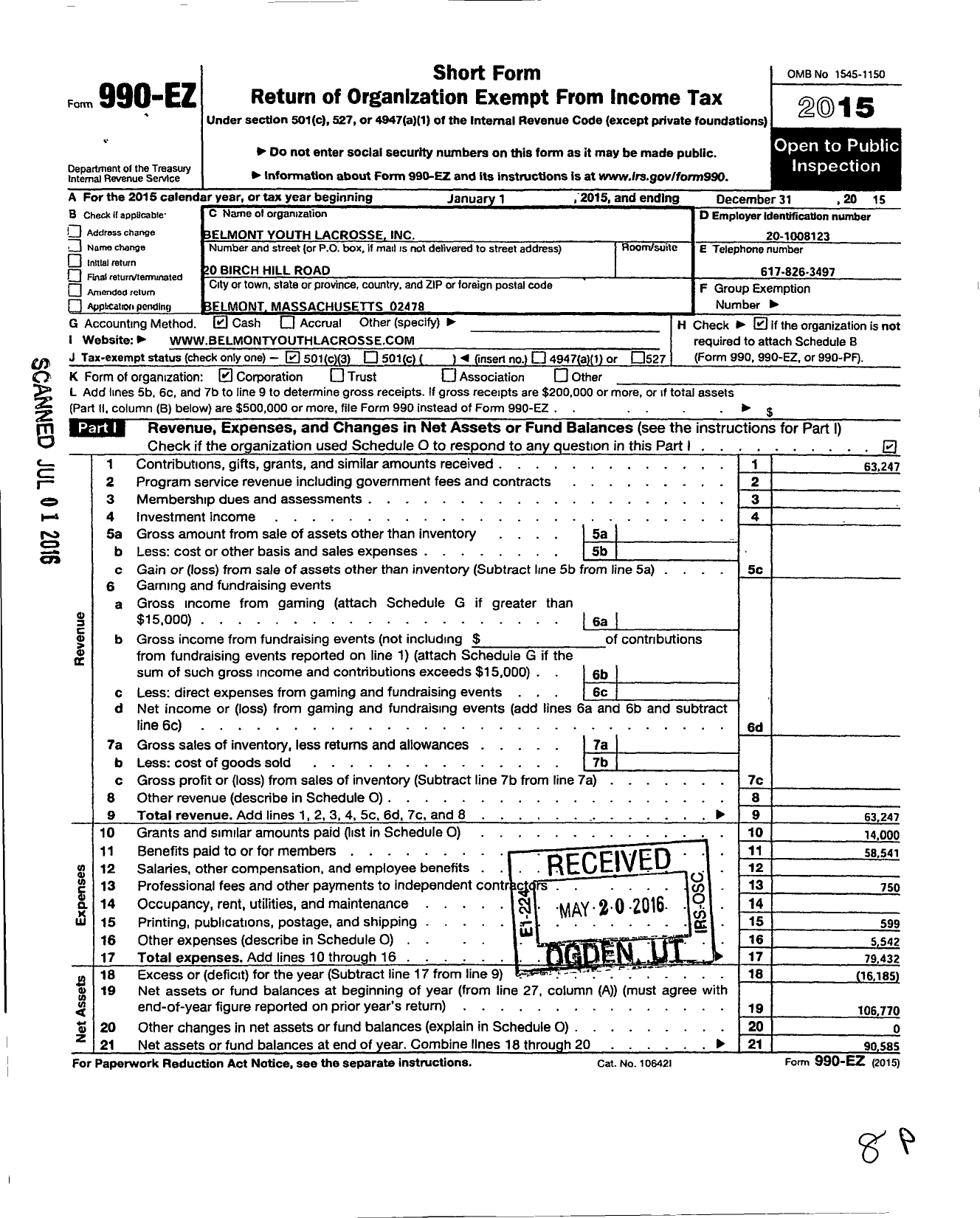 Image of first page of 2015 Form 990EZ for Belmont Youth Lacrosse