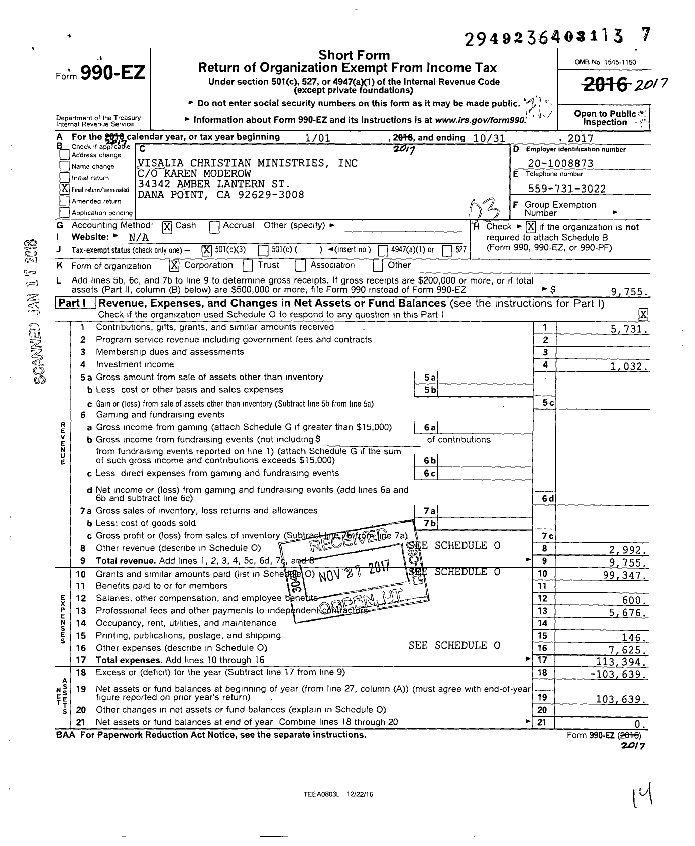 Image of first page of 2016 Form 990EZ for Visalia Christian Ministries