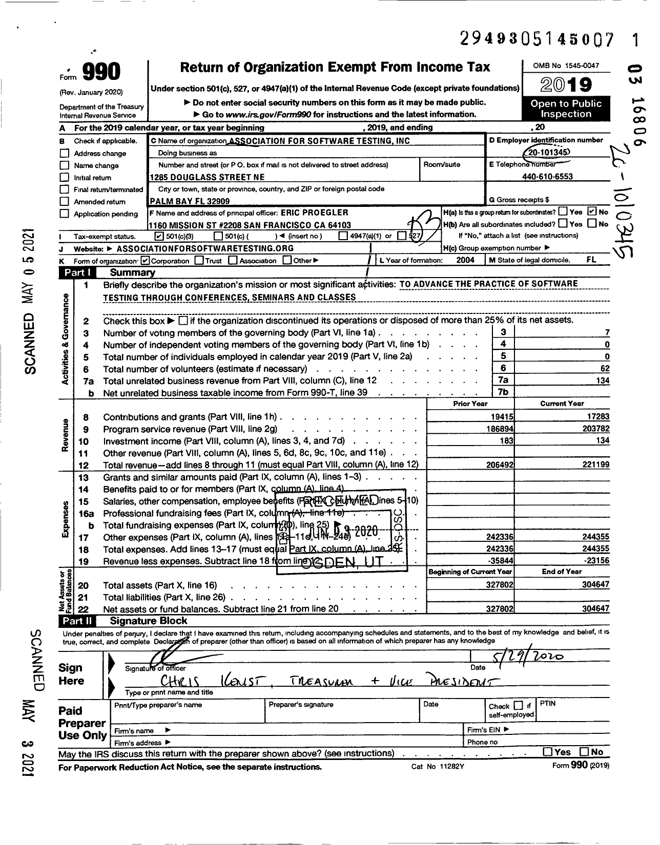 Image of first page of 2019 Form 990 for Association For Software Testing