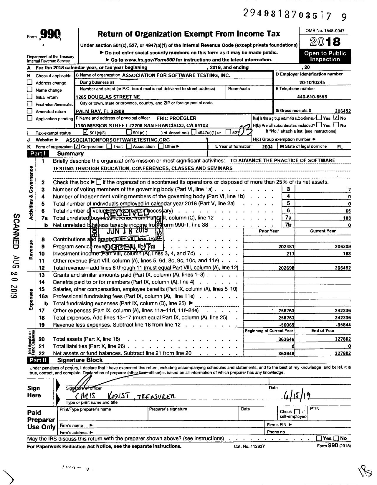 Image of first page of 2018 Form 990 for Association For Software Testing