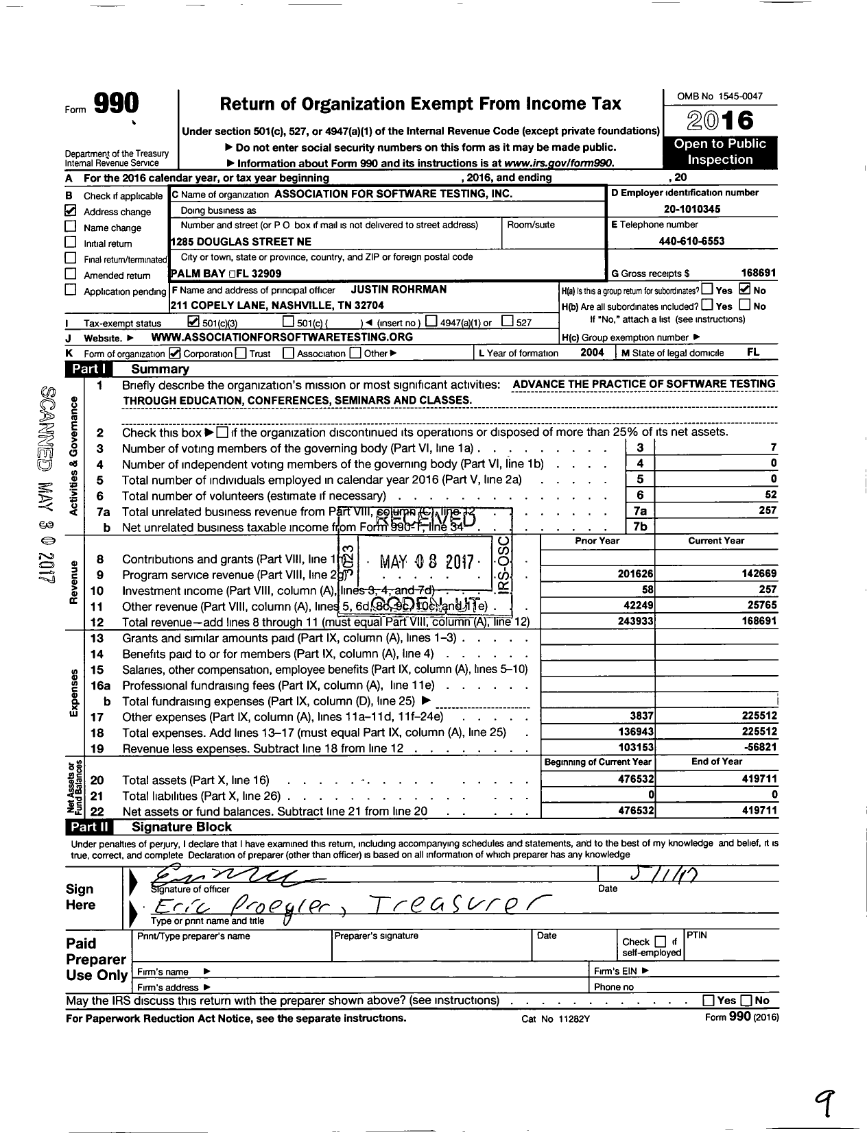 Image of first page of 2016 Form 990 for Association For Software Testing