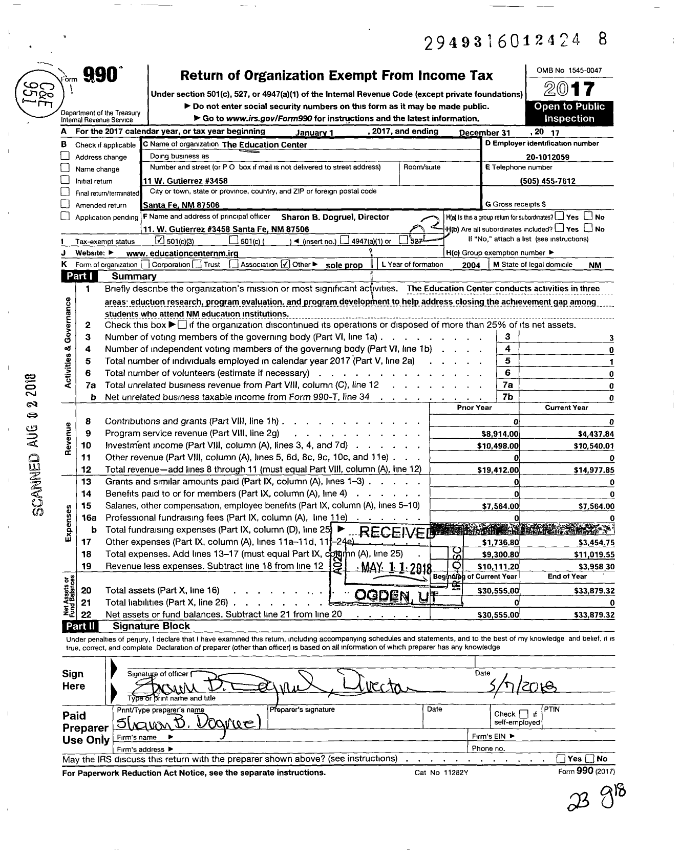 Image of first page of 2017 Form 990 for Education Center