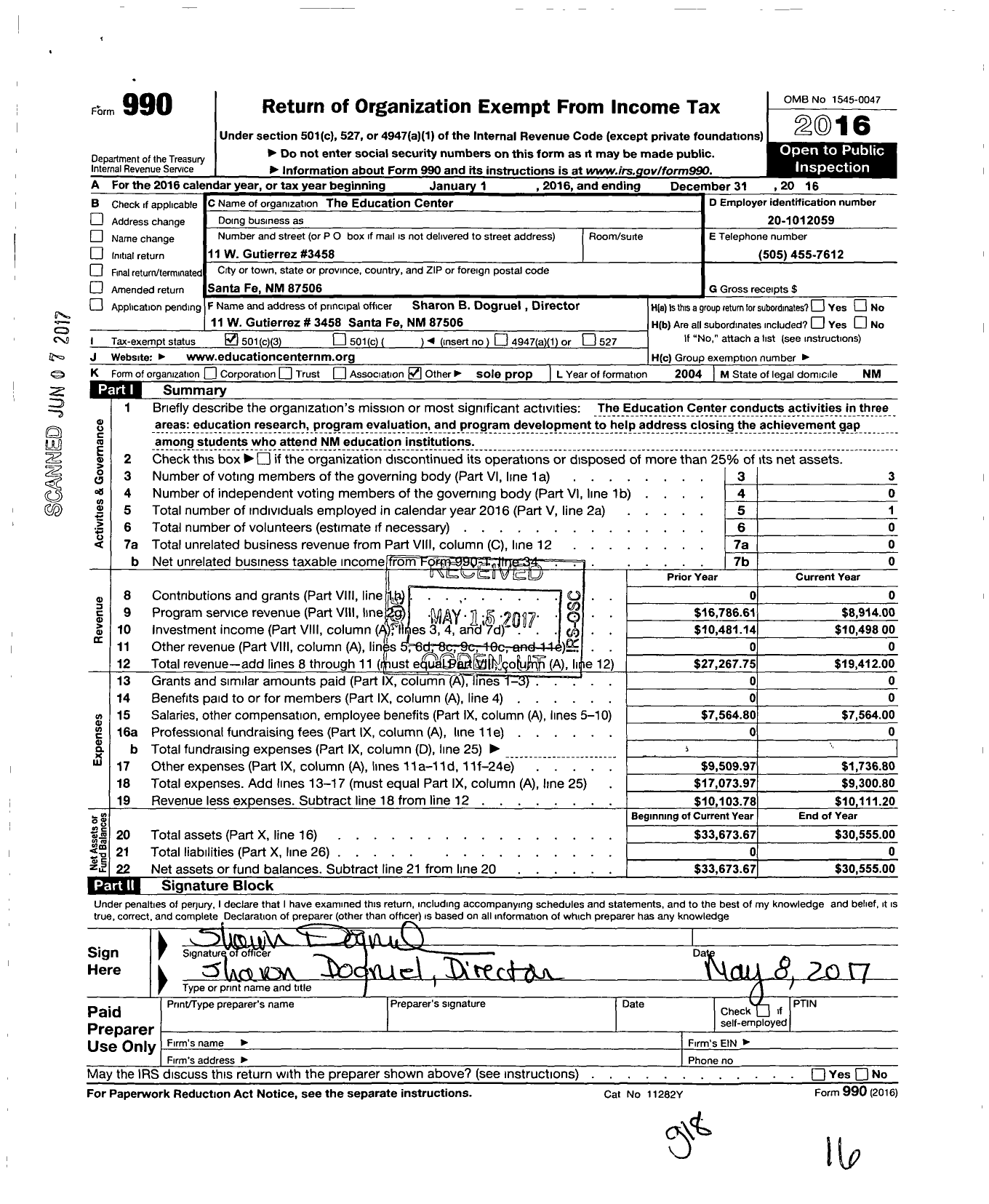 Image of first page of 2016 Form 990 for Education Center