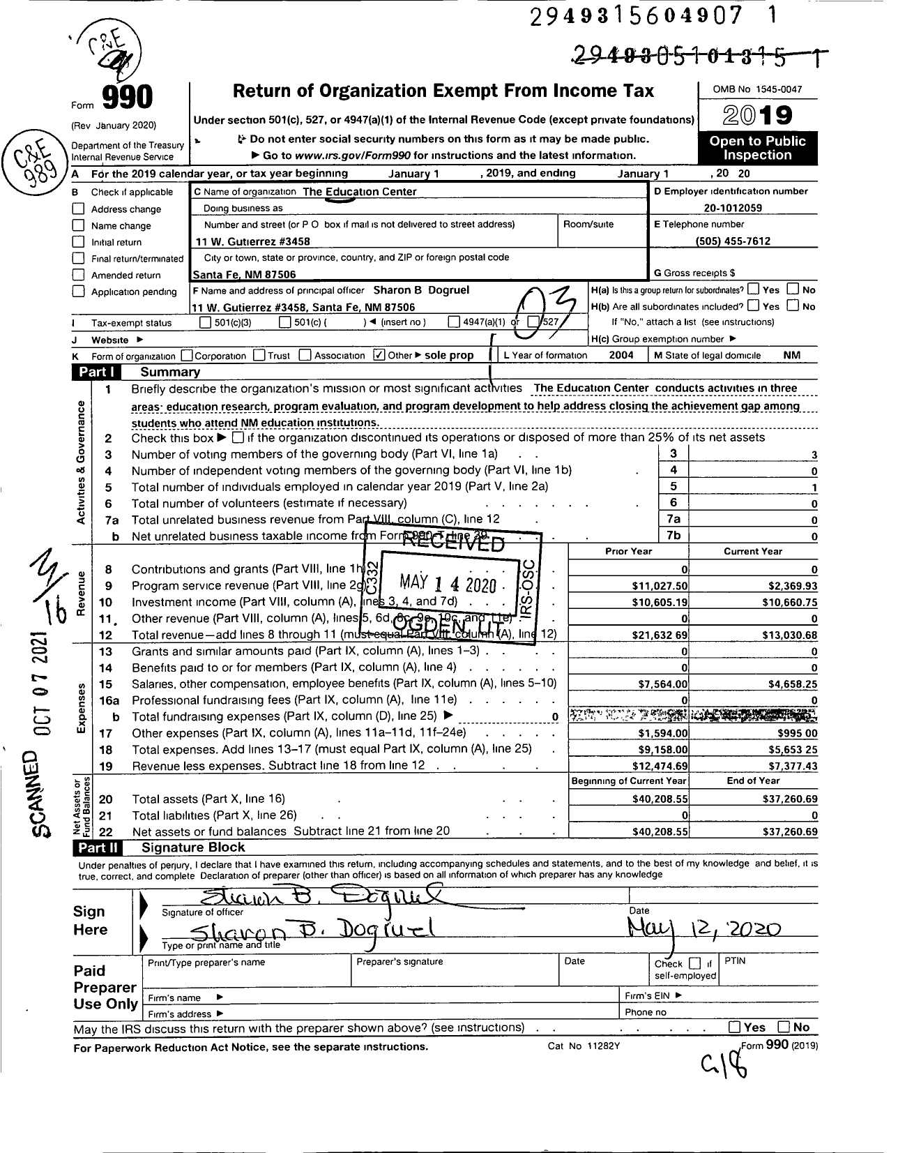 Image of first page of 2019 Form 990 for Education Center