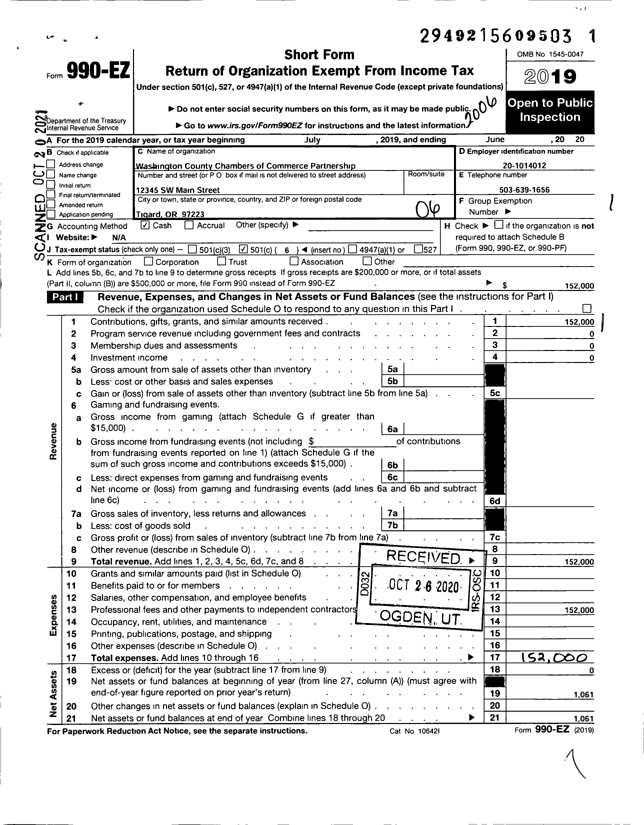 Image of first page of 2019 Form 990EO for Washington County Chambers of Commerce Partnership