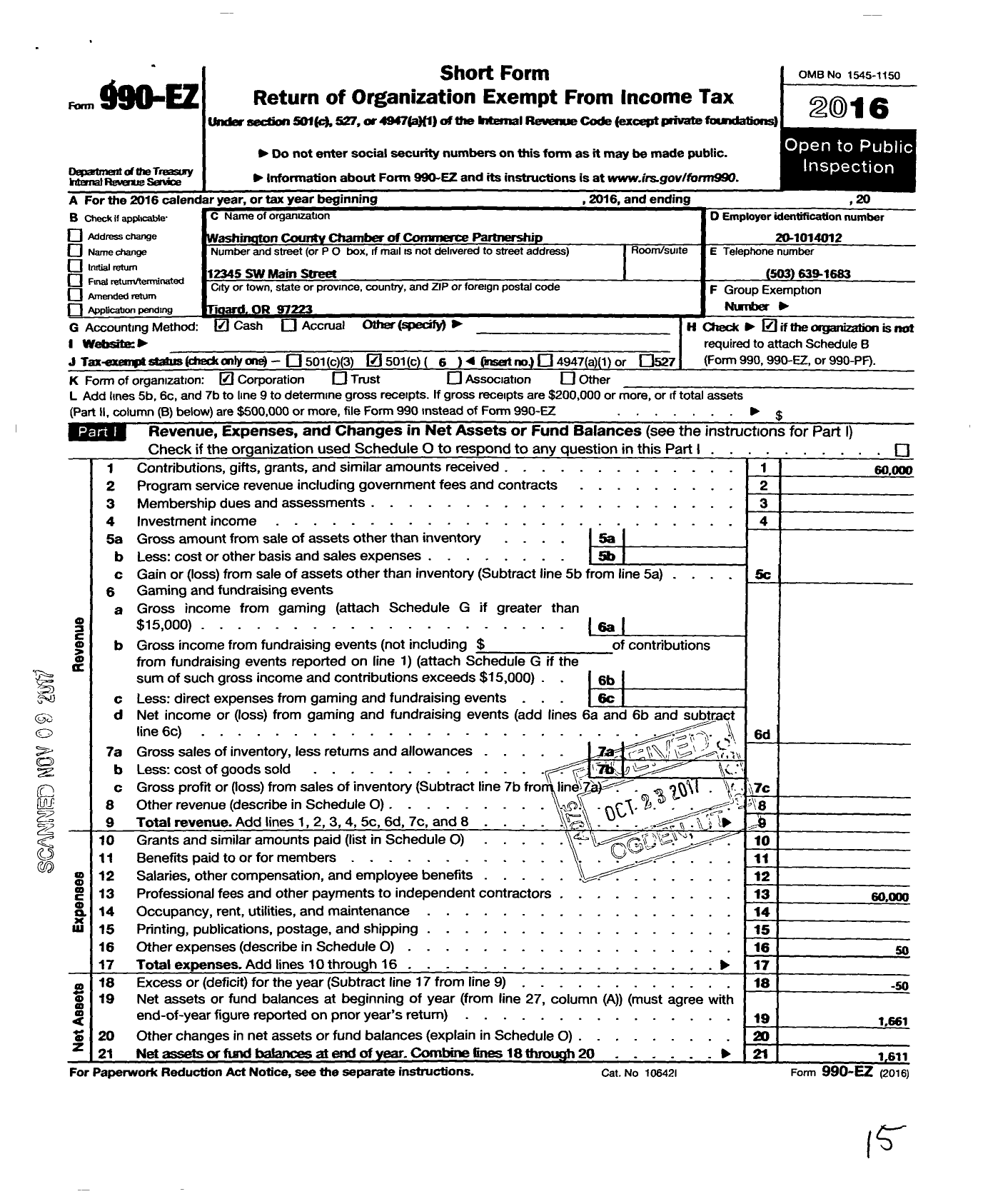 Image of first page of 2016 Form 990EO for Washington County Chambers of Commerce Partnership