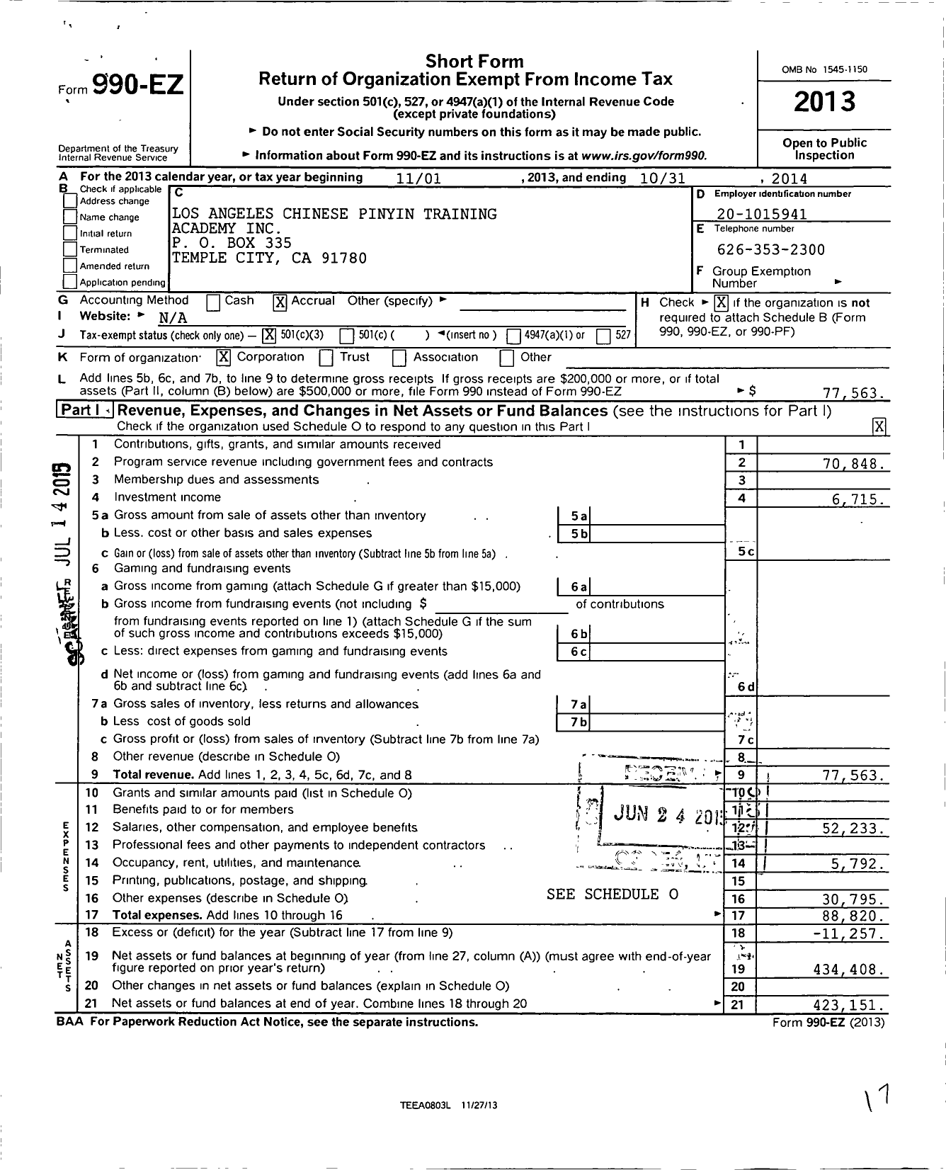 Image of first page of 2013 Form 990EZ for Los Angeles Chinese Pinyin Training Academy