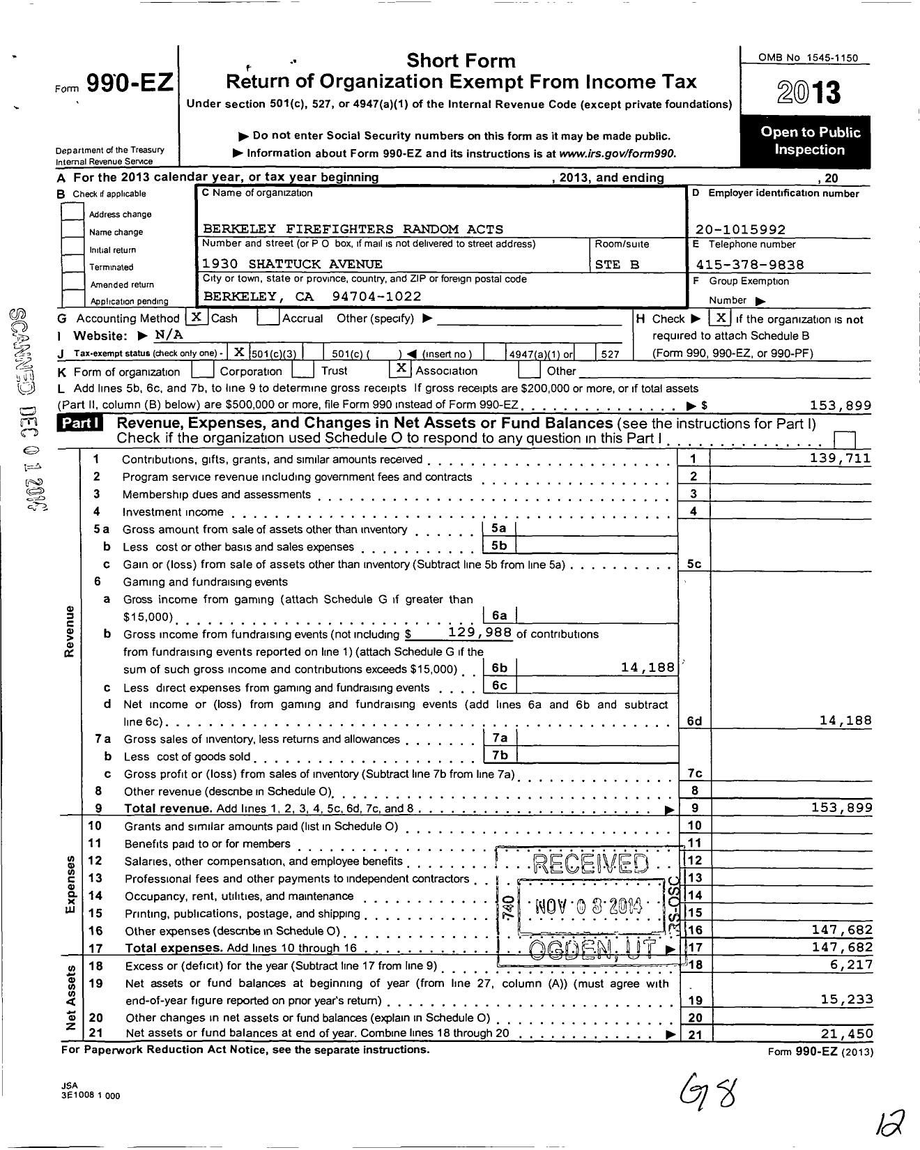 Image of first page of 2013 Form 990EZ for Berkeley Firefighters Random Acts