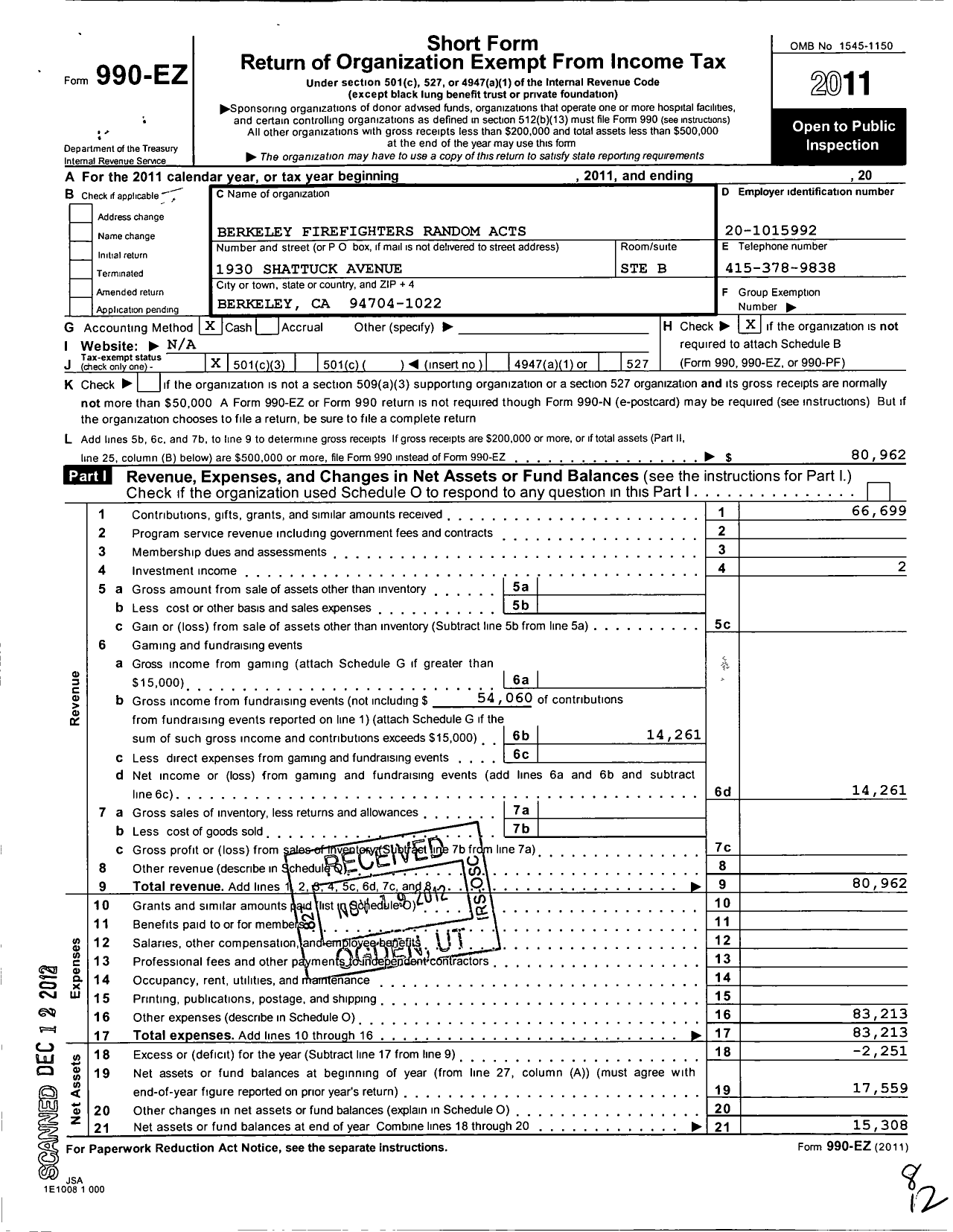 Image of first page of 2011 Form 990EZ for Berkeley Firefighters Random Acts