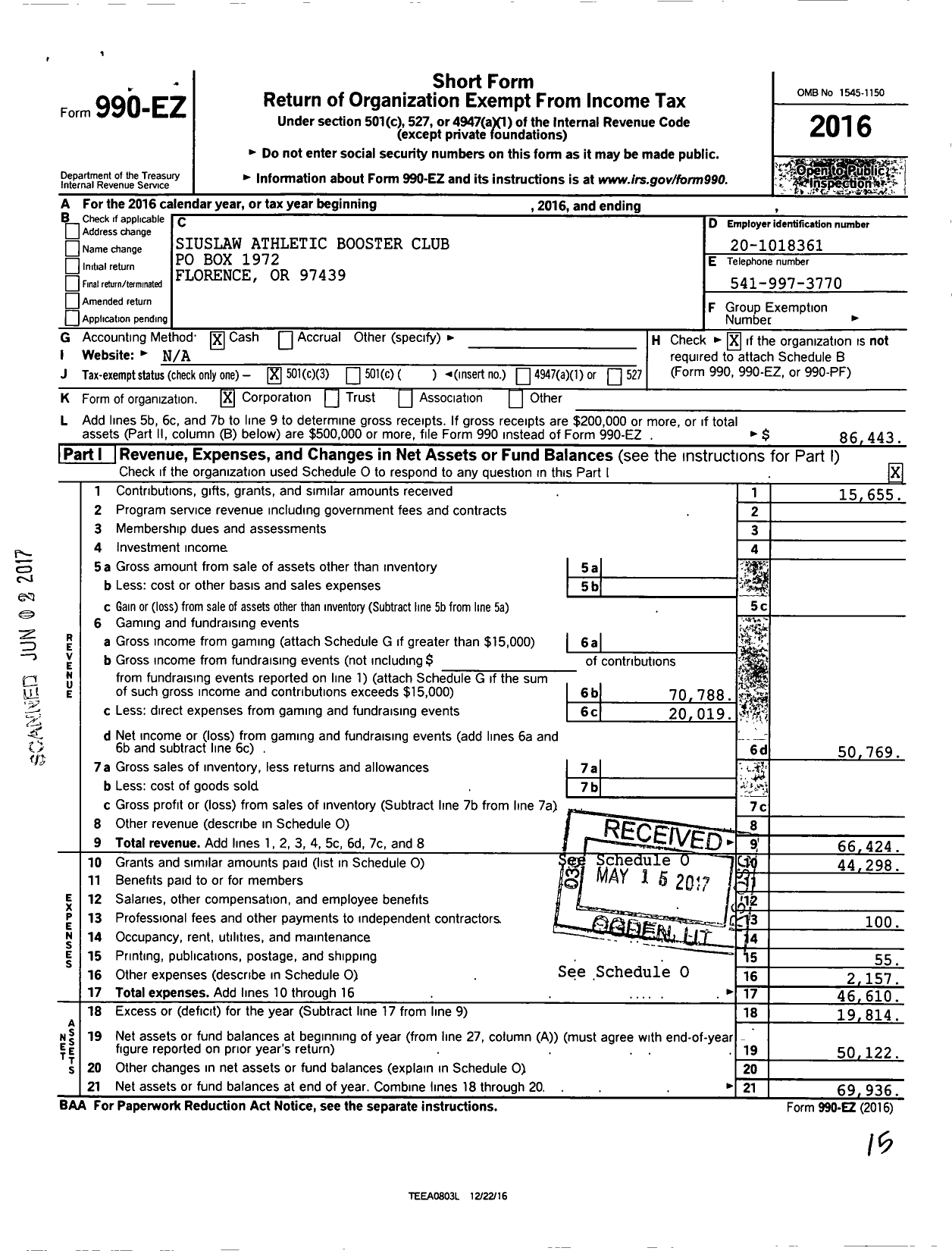 Image of first page of 2016 Form 990EZ for Siuslaw Athletic Booster Club